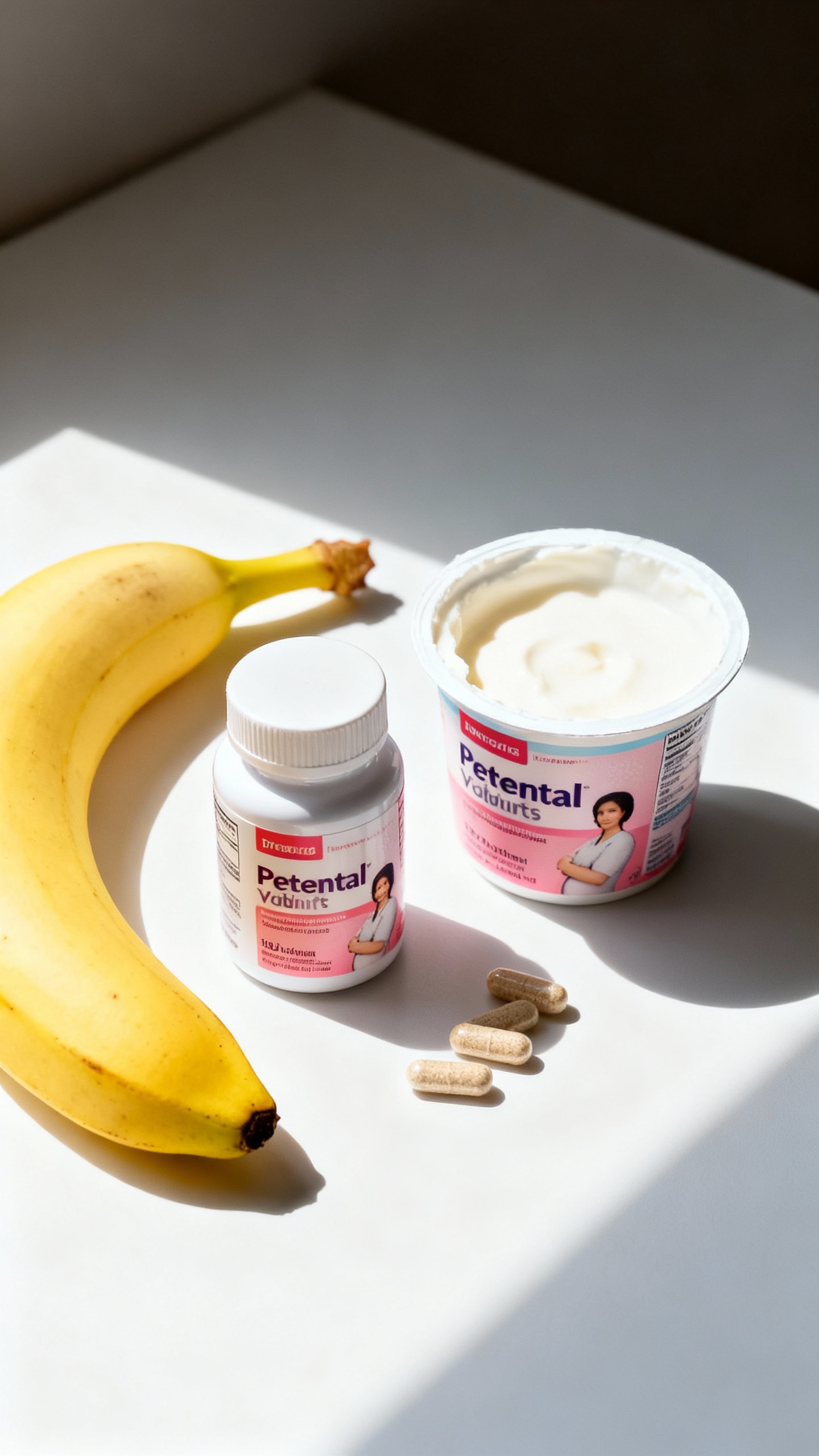 prenatal vitamins beside yogurt and banana on white background