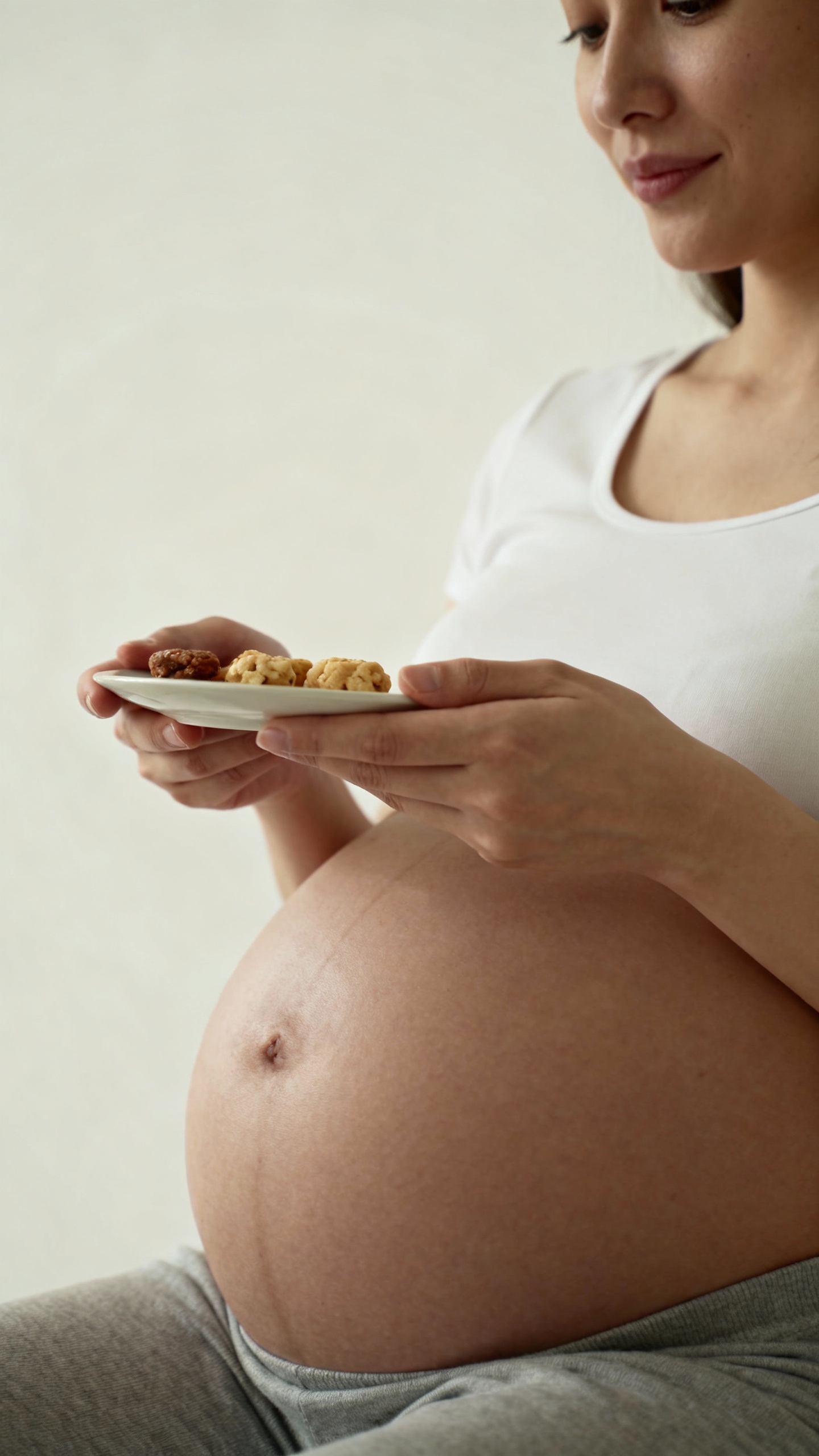 pregnant woman holding small snack plate, neutral studio lighting