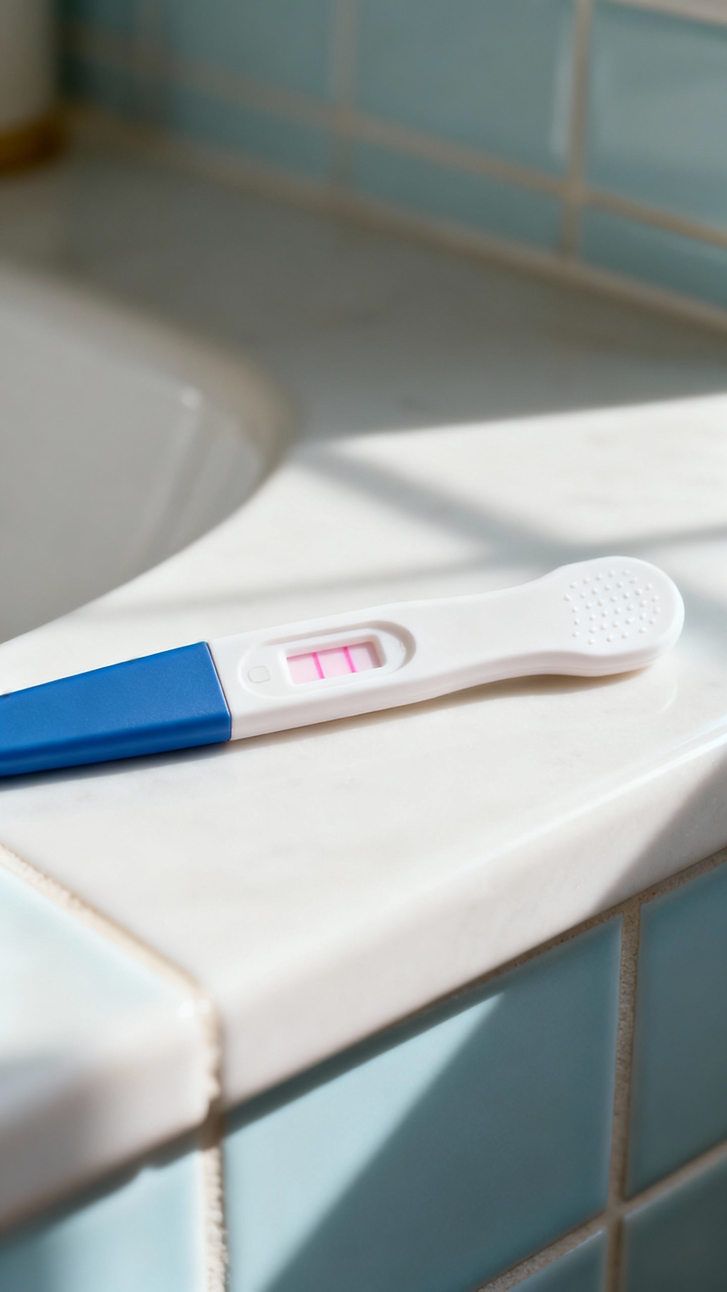 pregnancy test with faint positive lines on bathroom counter