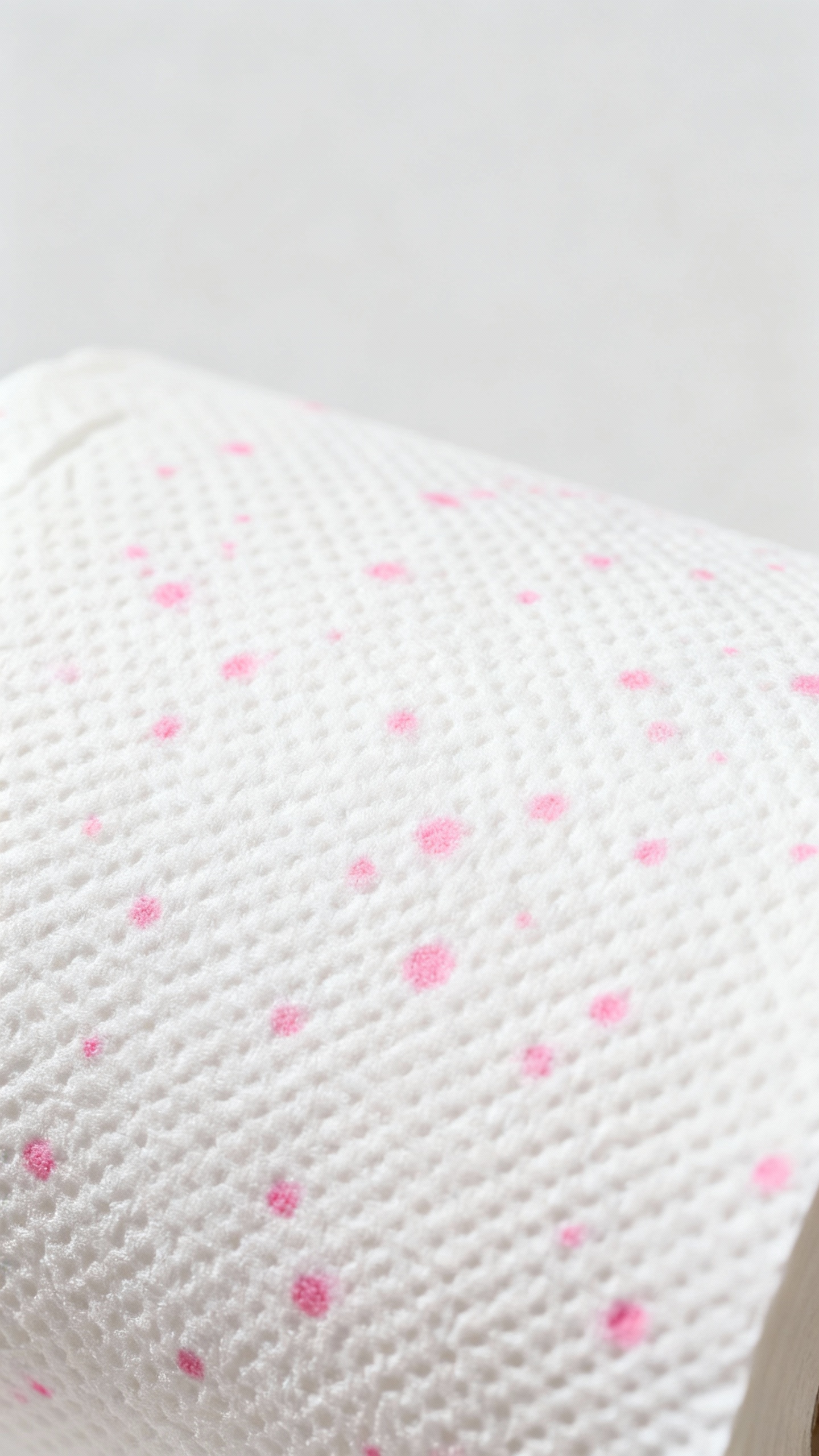 pink spotting on white toilet tissue, soft natural light