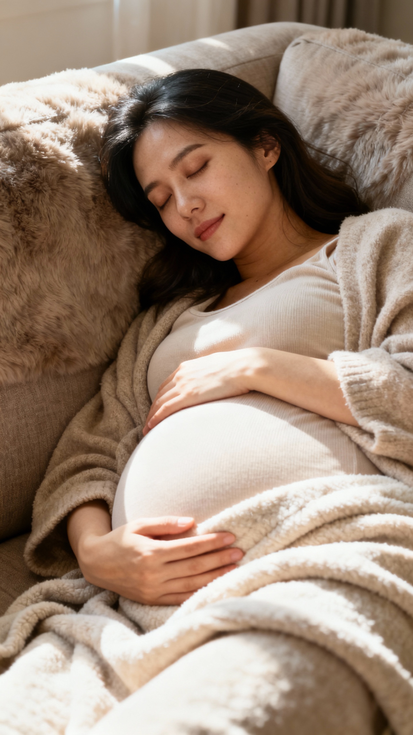 pregnant woman napping on couch, soft daylight, cozy blanket