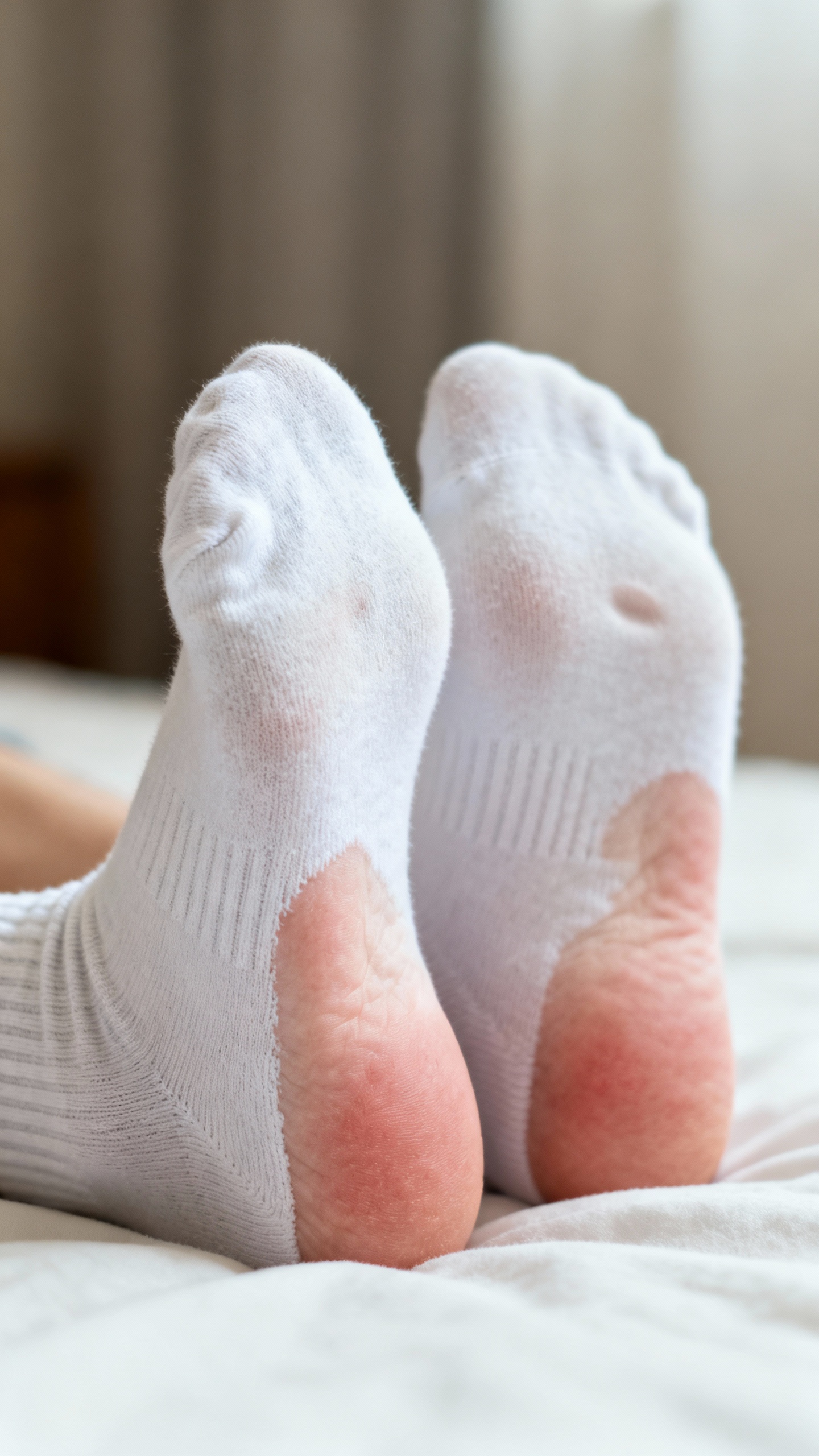 close-up swollen feet in socks, gentle natural light