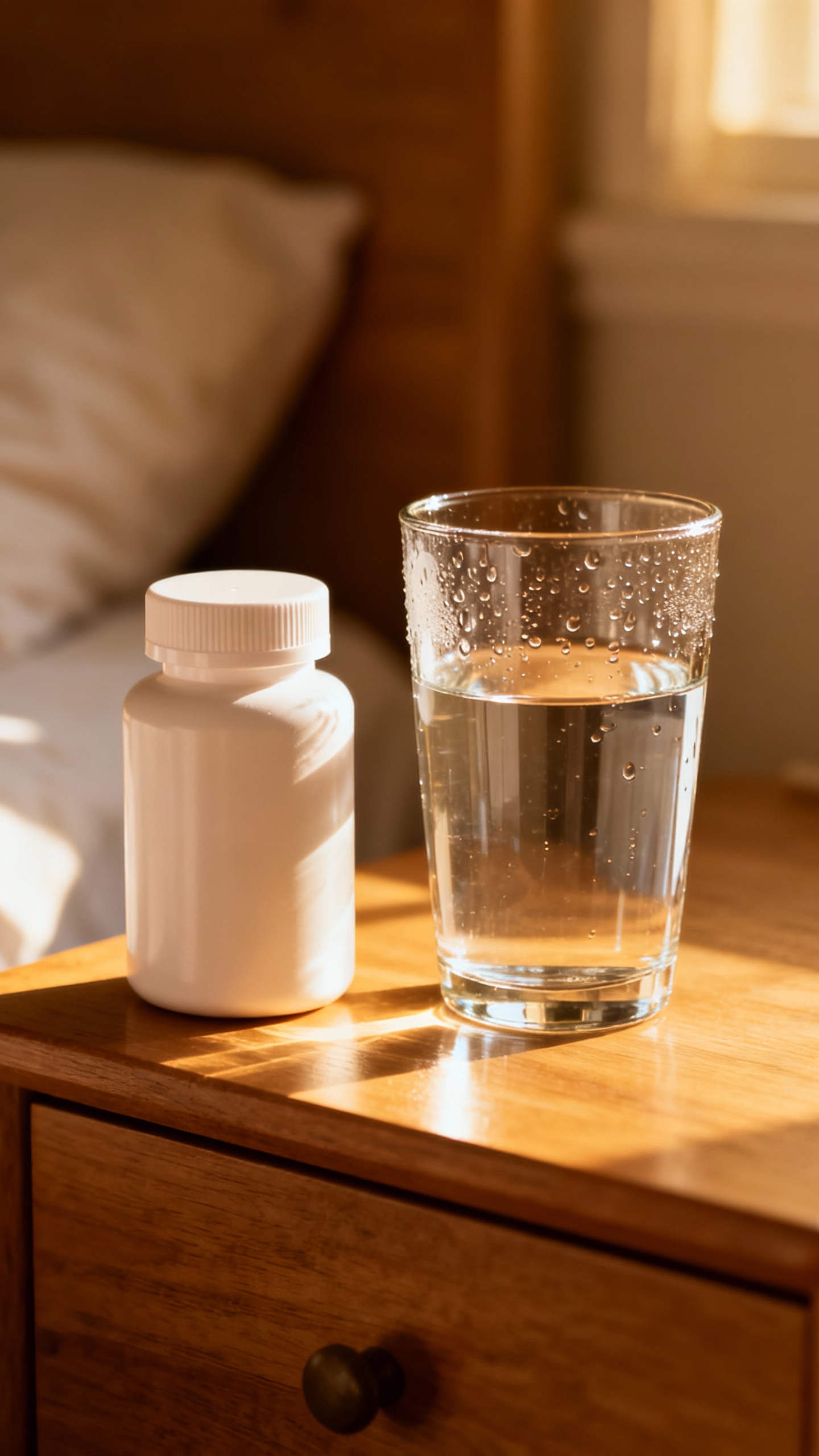 prenatal vitamins and water glass on nightstand, morning light