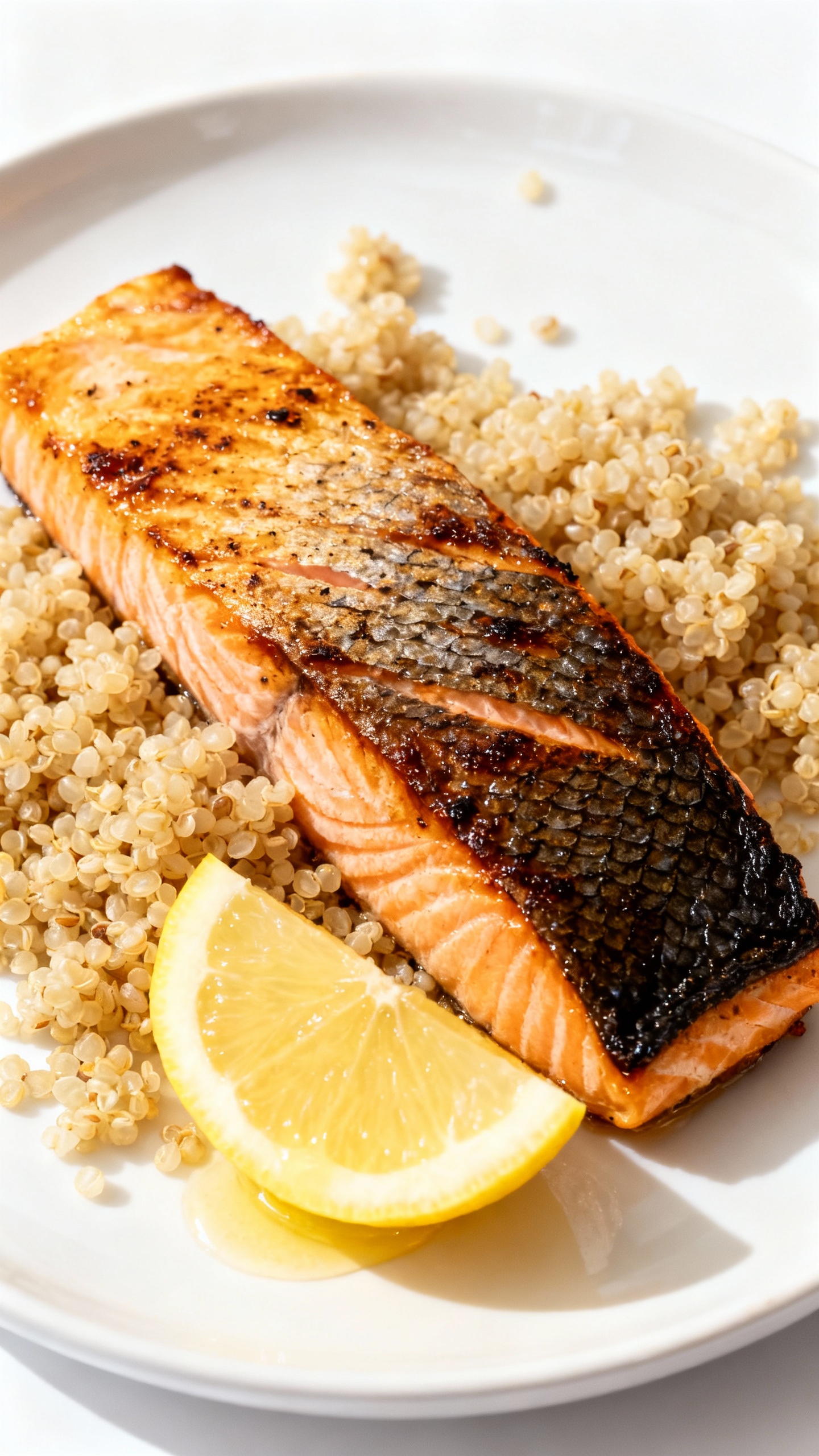 grilled salmon with lemon and quinoa on white plate