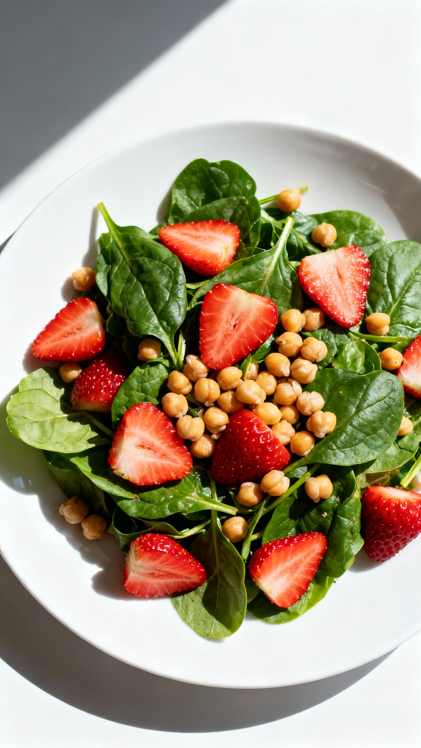 spinach and strawberry salad with chickpeas, bright overhead