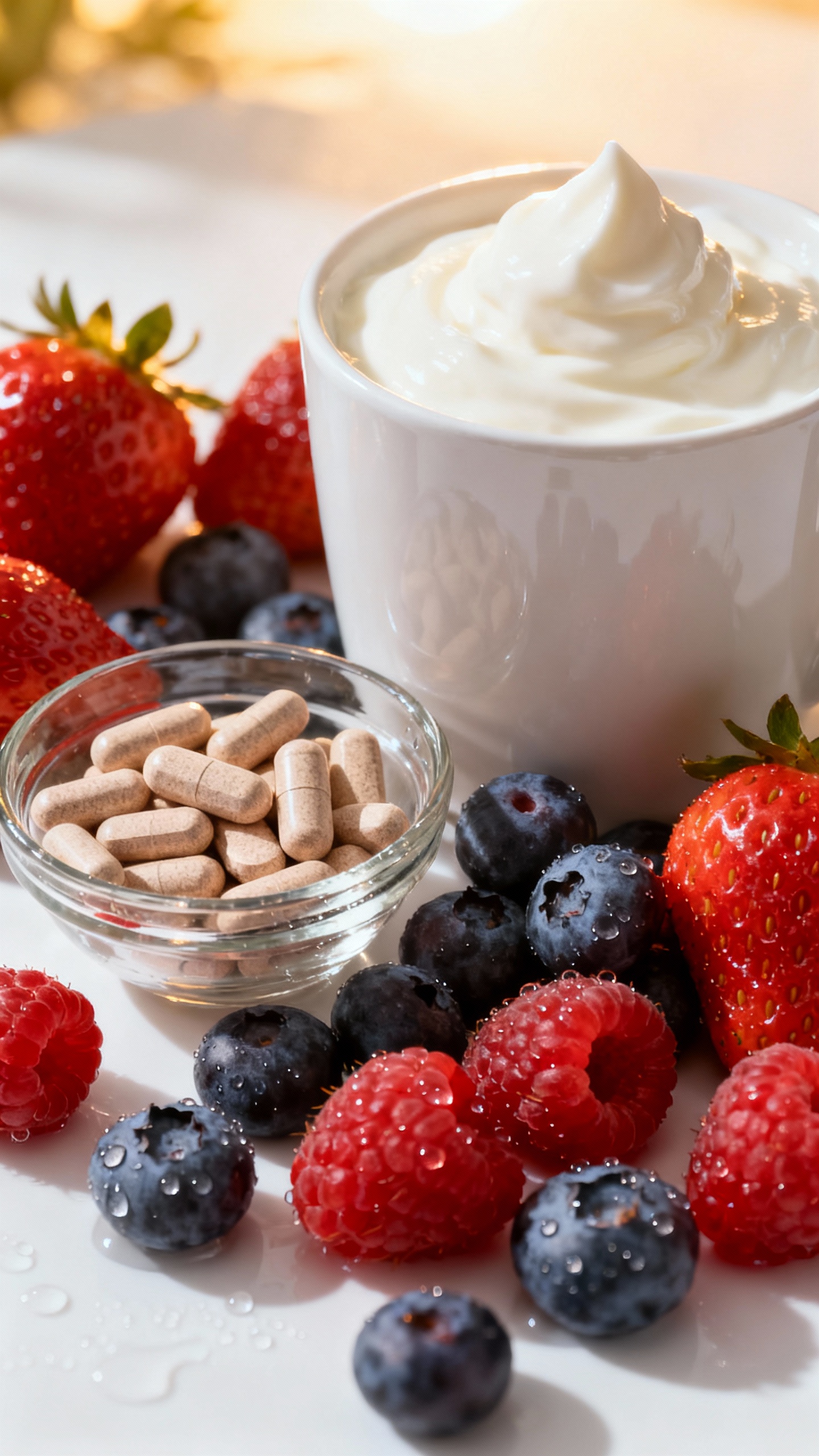 prenatal vitamins beside Greek yogurt and berries, morning light