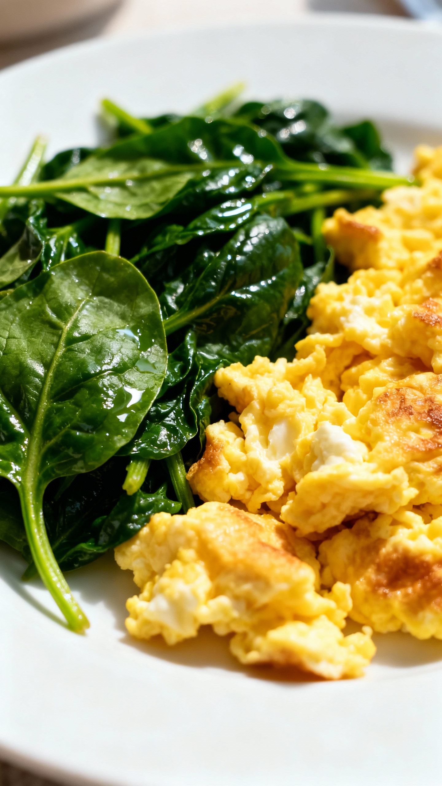 iron-rich spinach and eggs on white plate, bright natural light