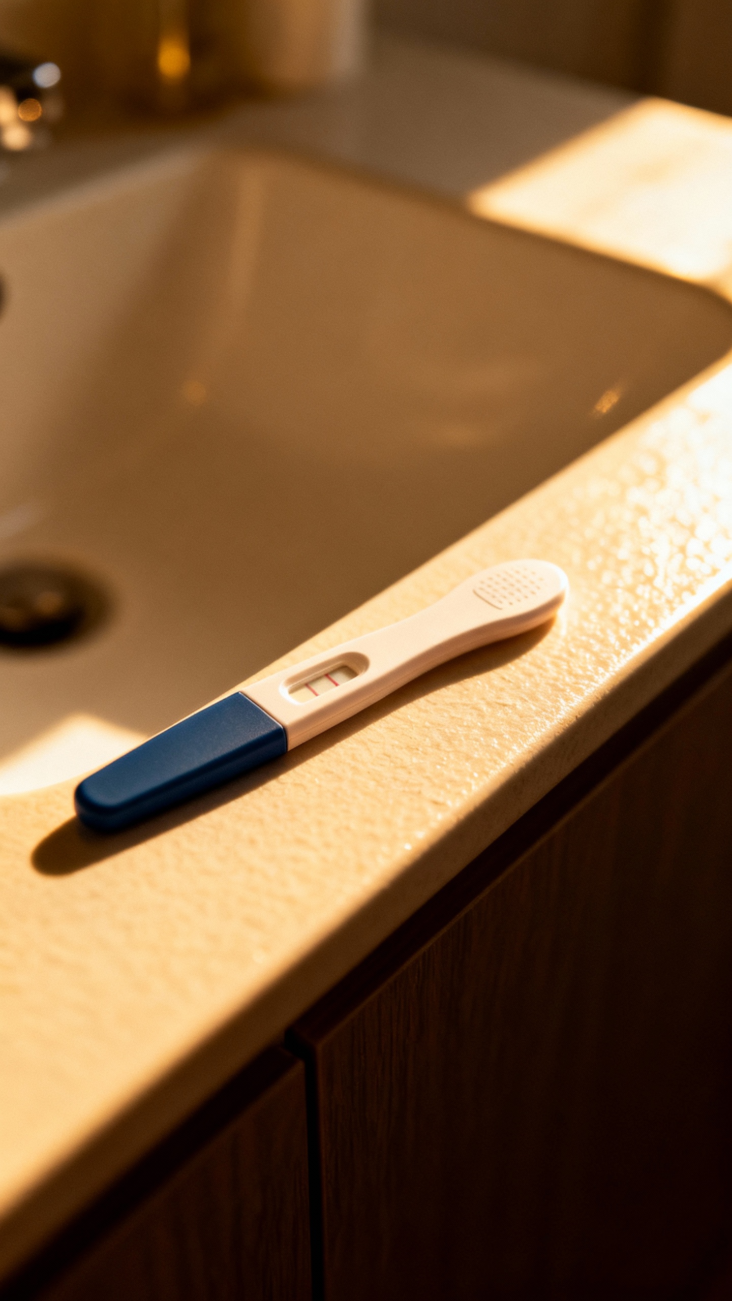 pregnancy test on bathroom counter, soft morning light