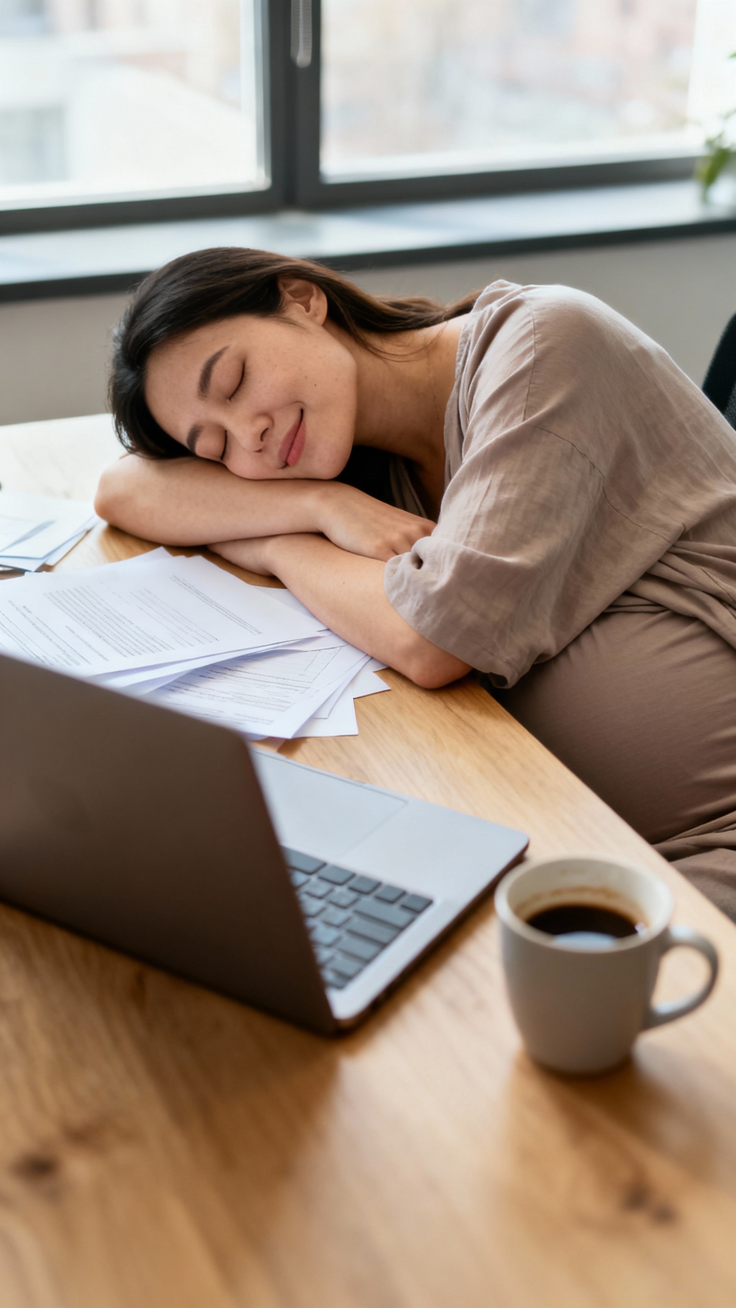 exhausted pregnant woman napping at desk, office daylight