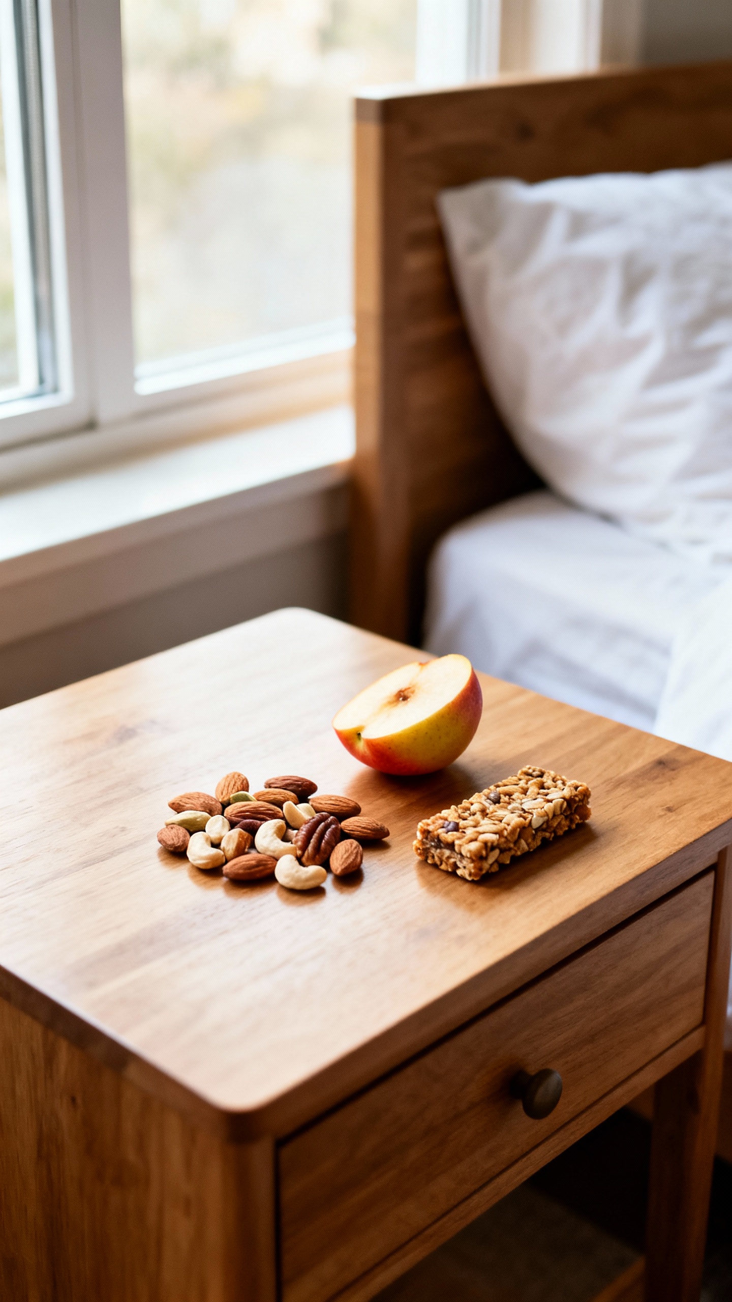 small healthy snacks on bedside table, natural window light