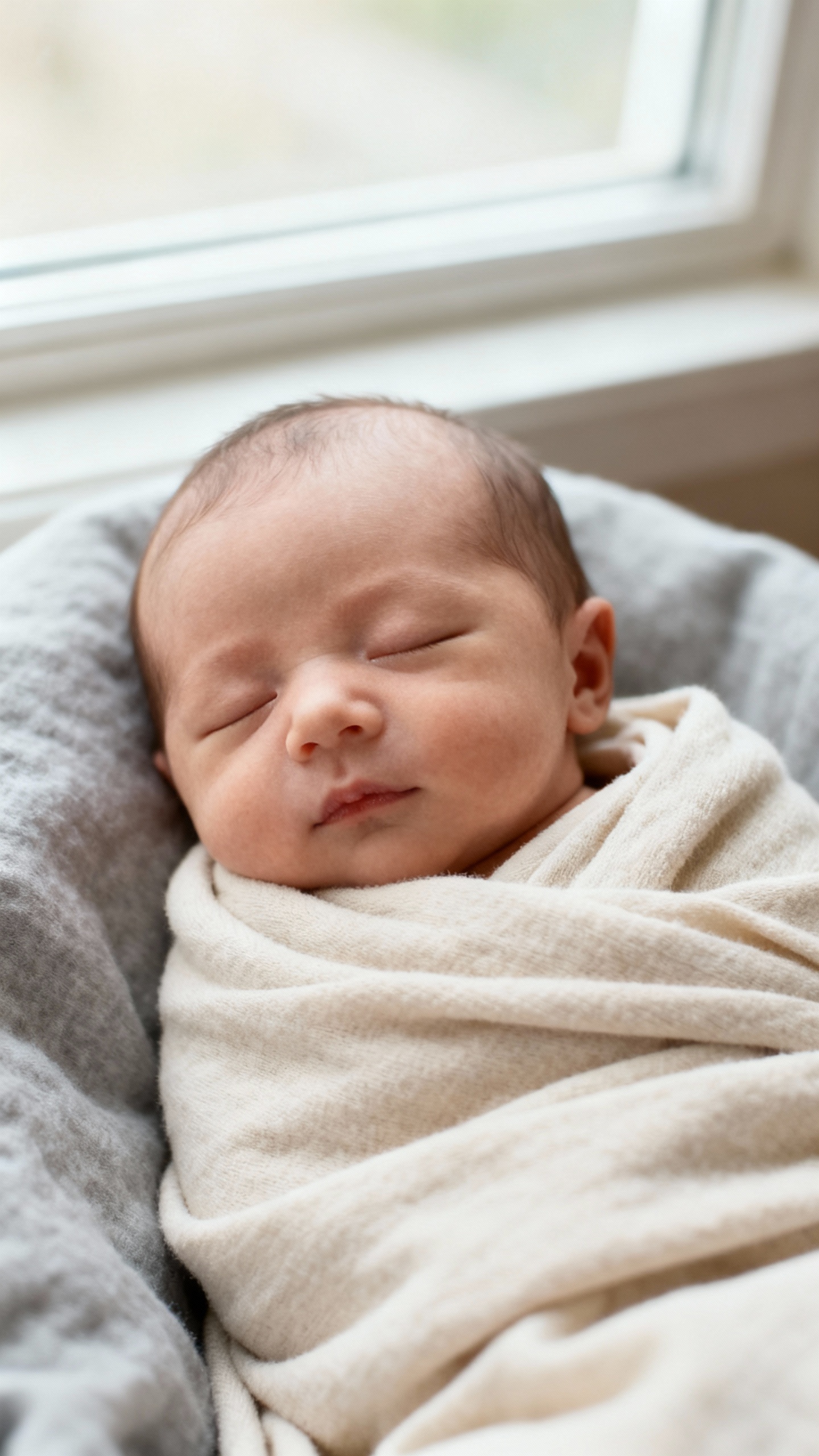 Swaddled newborn sleeping, soft window light, neutral blanket