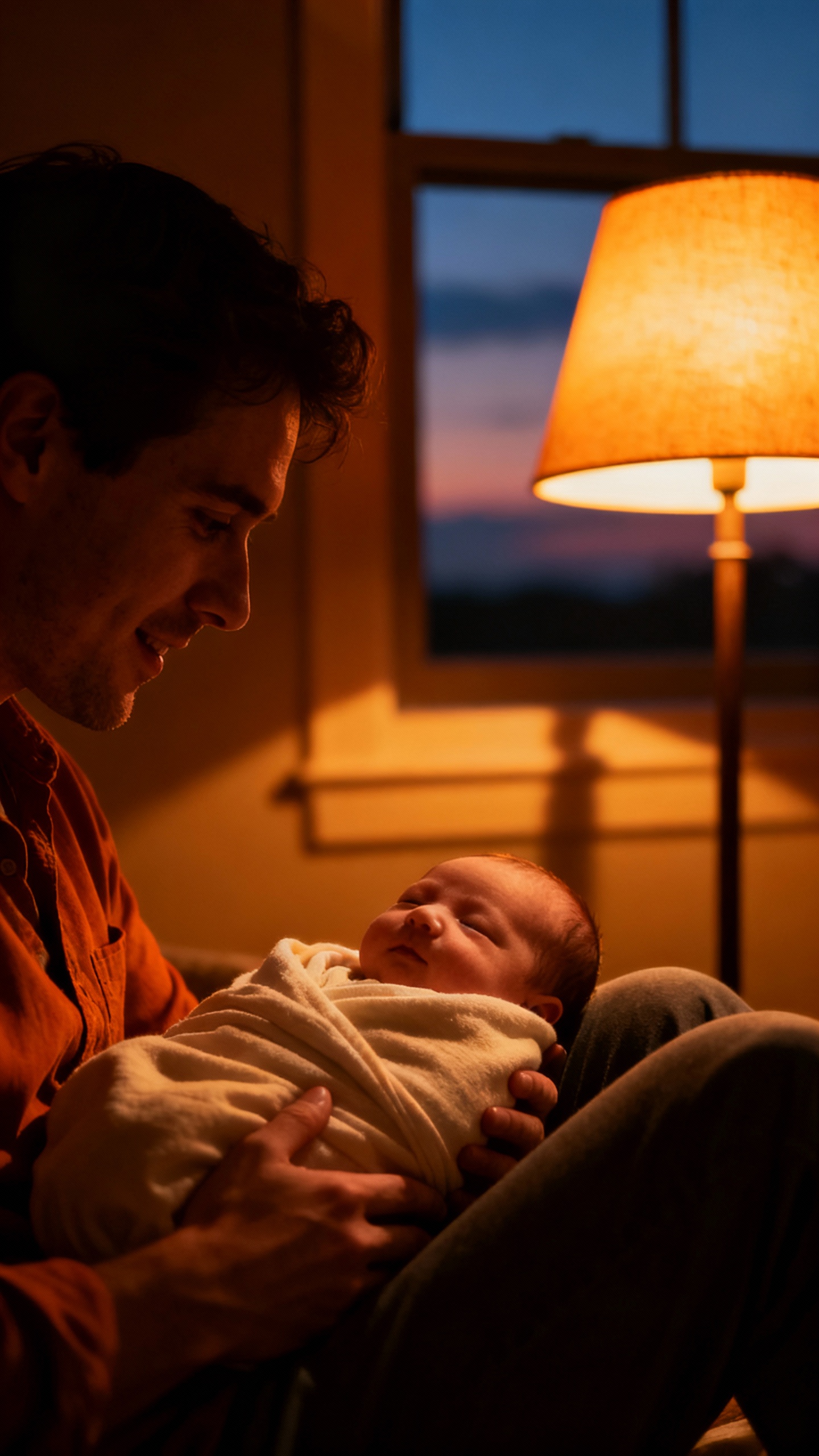 Parent rocking newborn at dusk, warm lamp glow