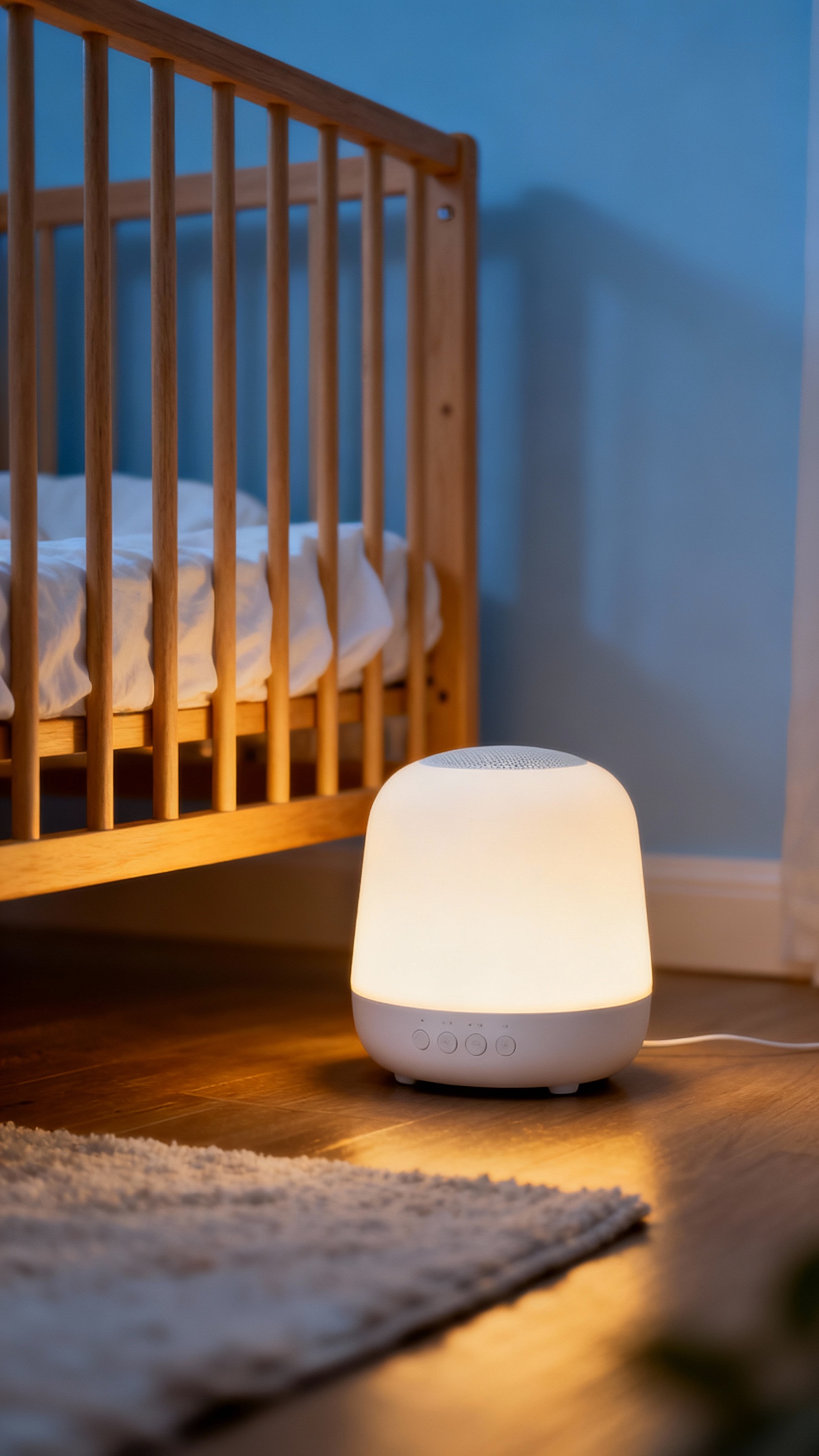 White noise machine beside bassinet, nighttime nursery lighting