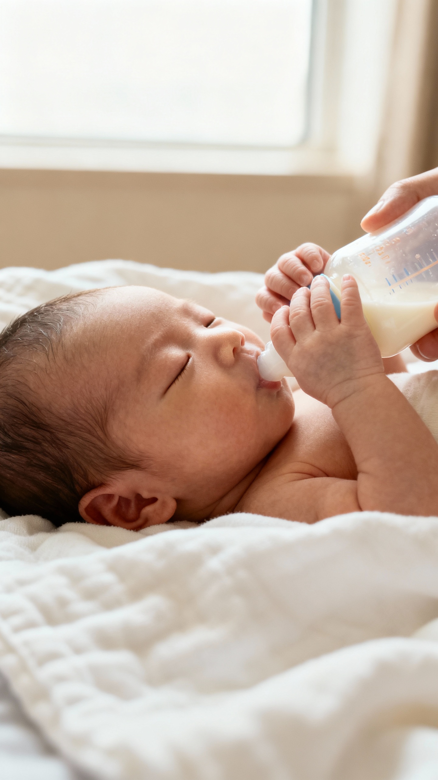 sleepy newborn feeding every 2–3 hours, soft window light