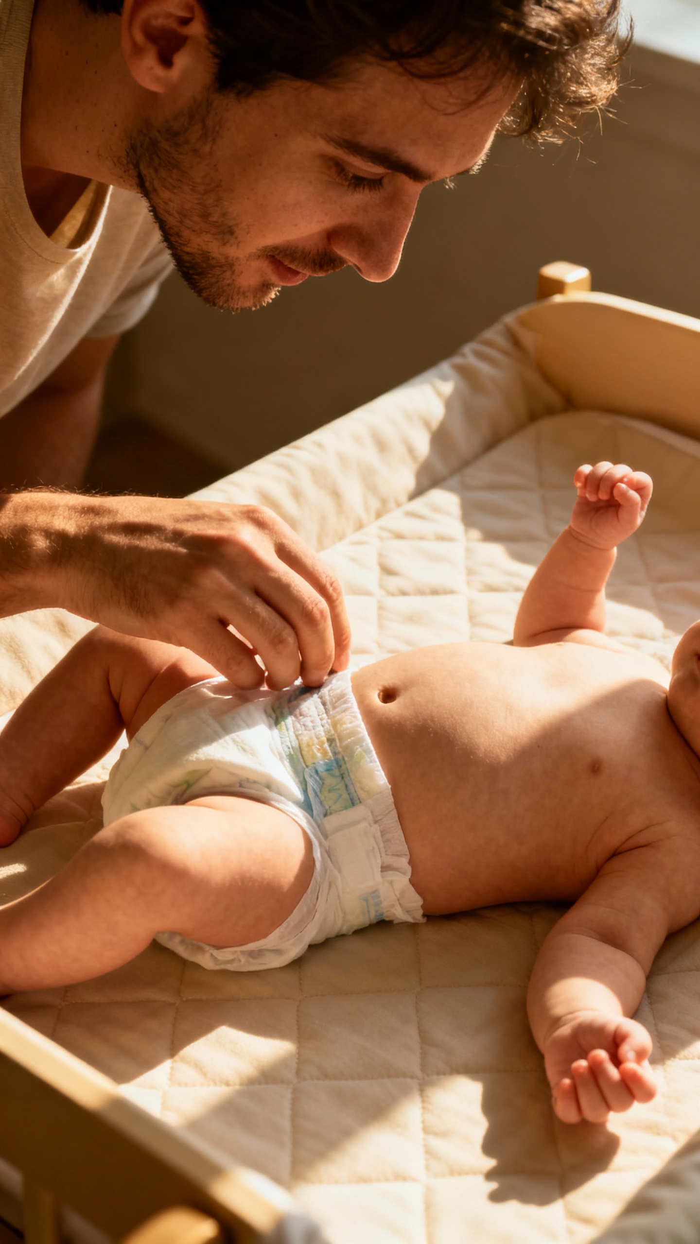Parent checking baby’s diaper on changing table, soft daylight