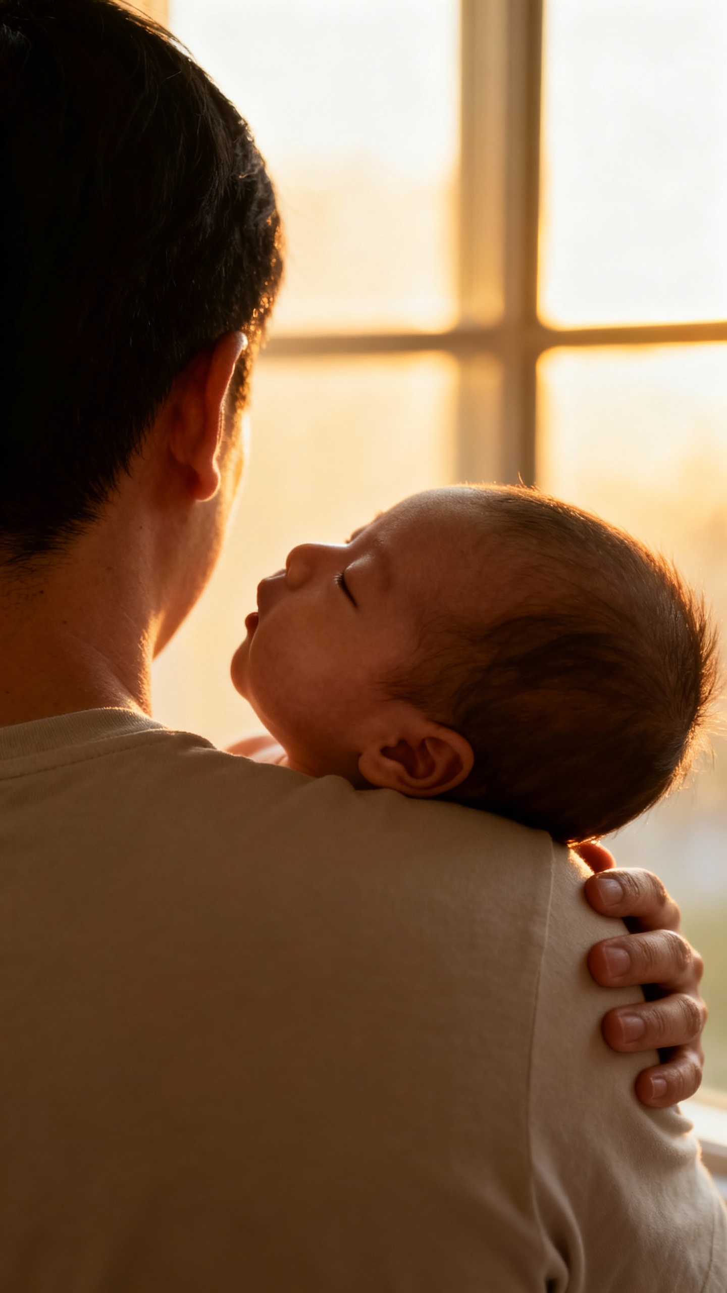Newborn being burped upright on shoulder, gentle window light