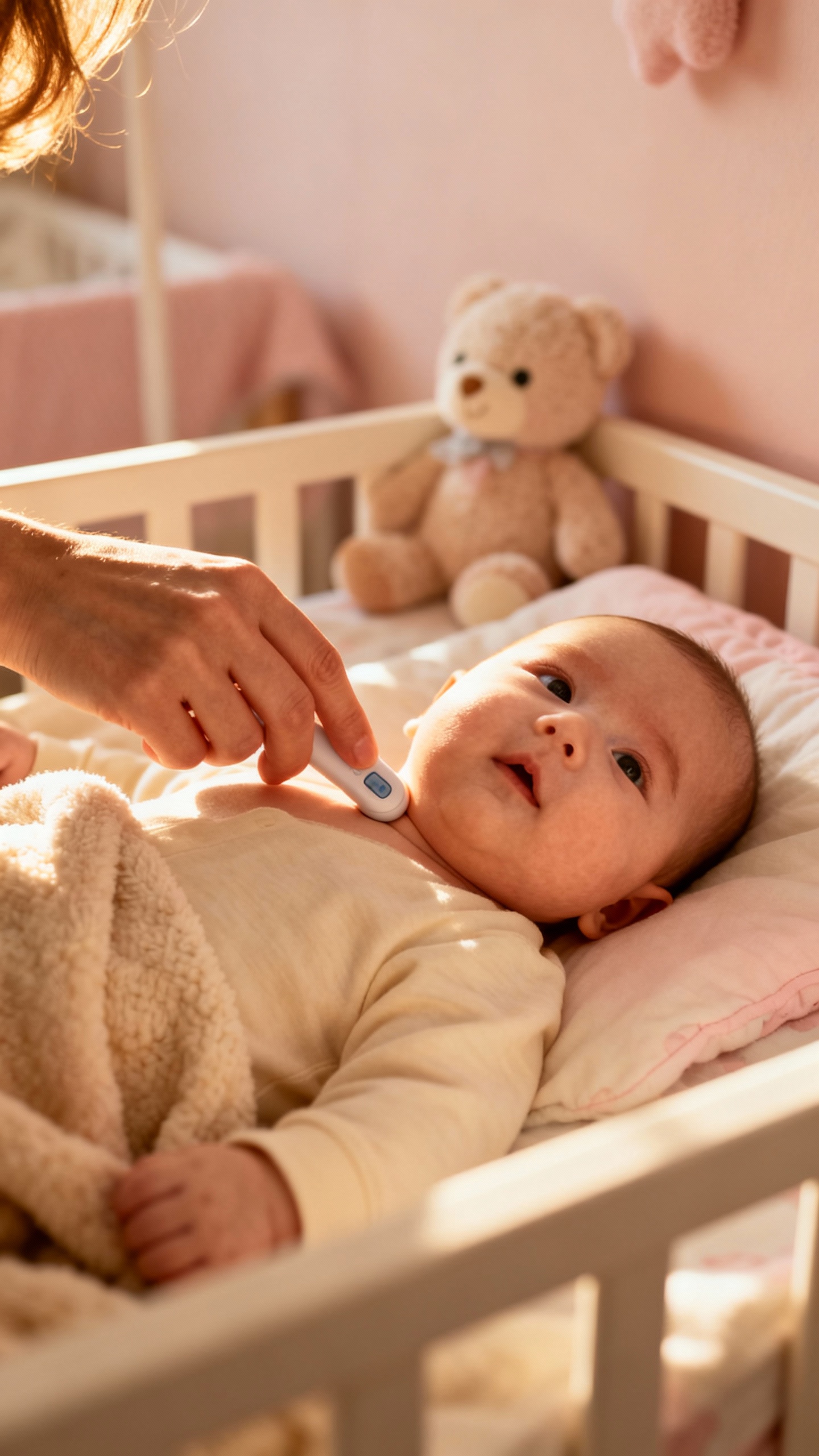 Parent testing baby’s neck temperature with hand, cozy nursery lighting