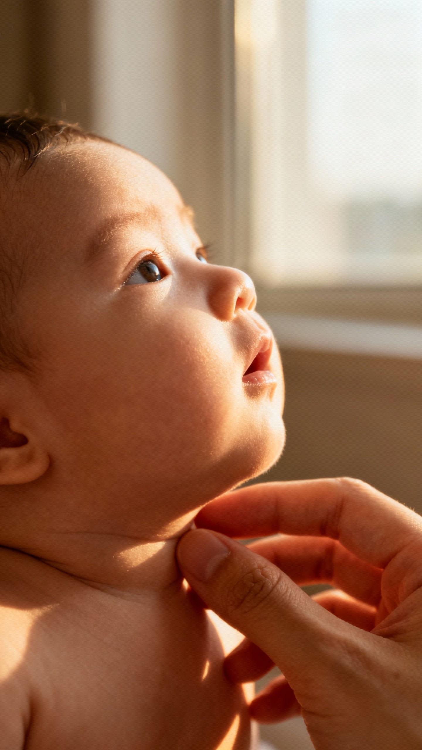 parent checking baby’s neck temperature, soft window light
