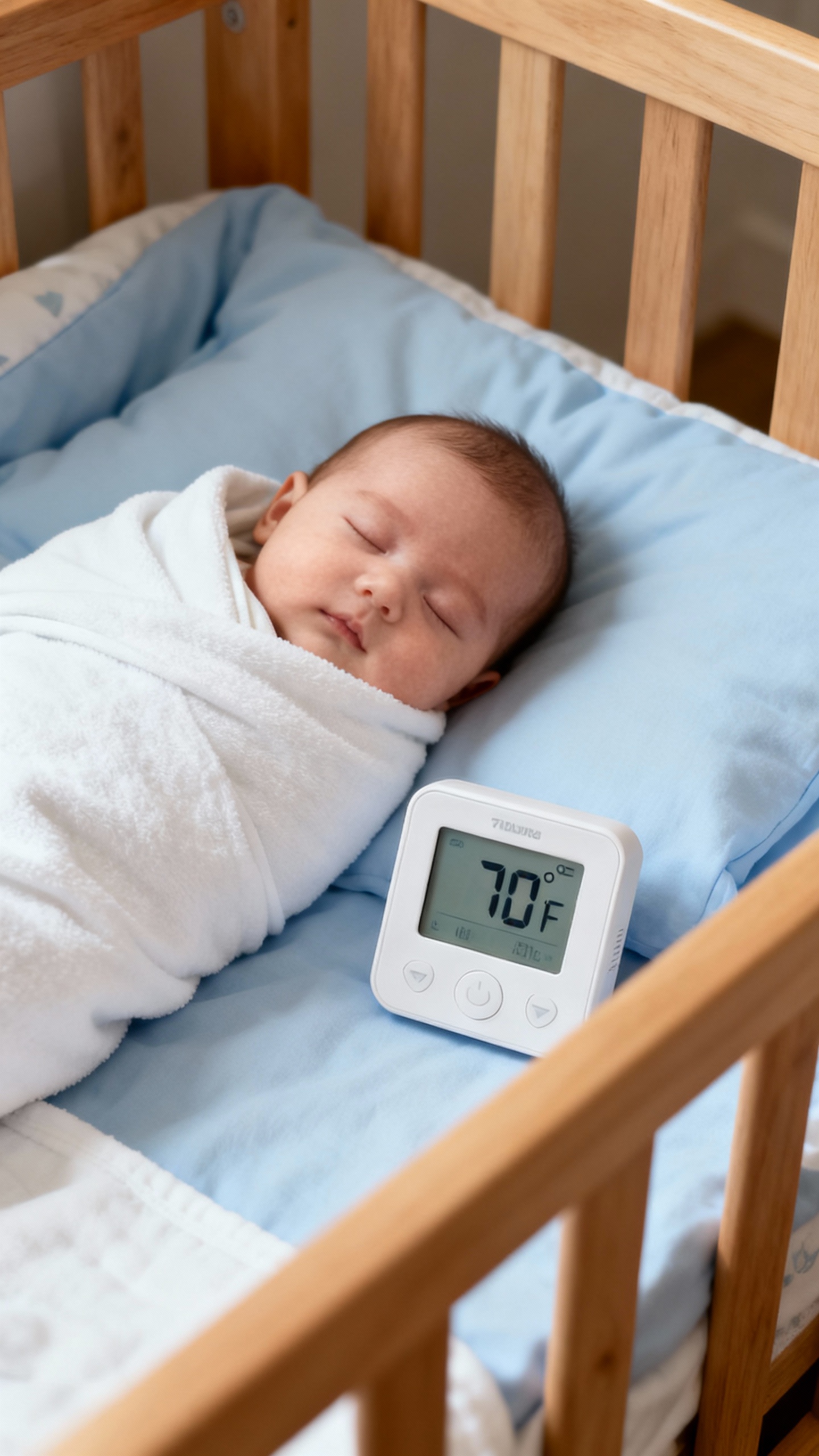 nursery thermostat showing 70°F beside sleeping swaddled baby