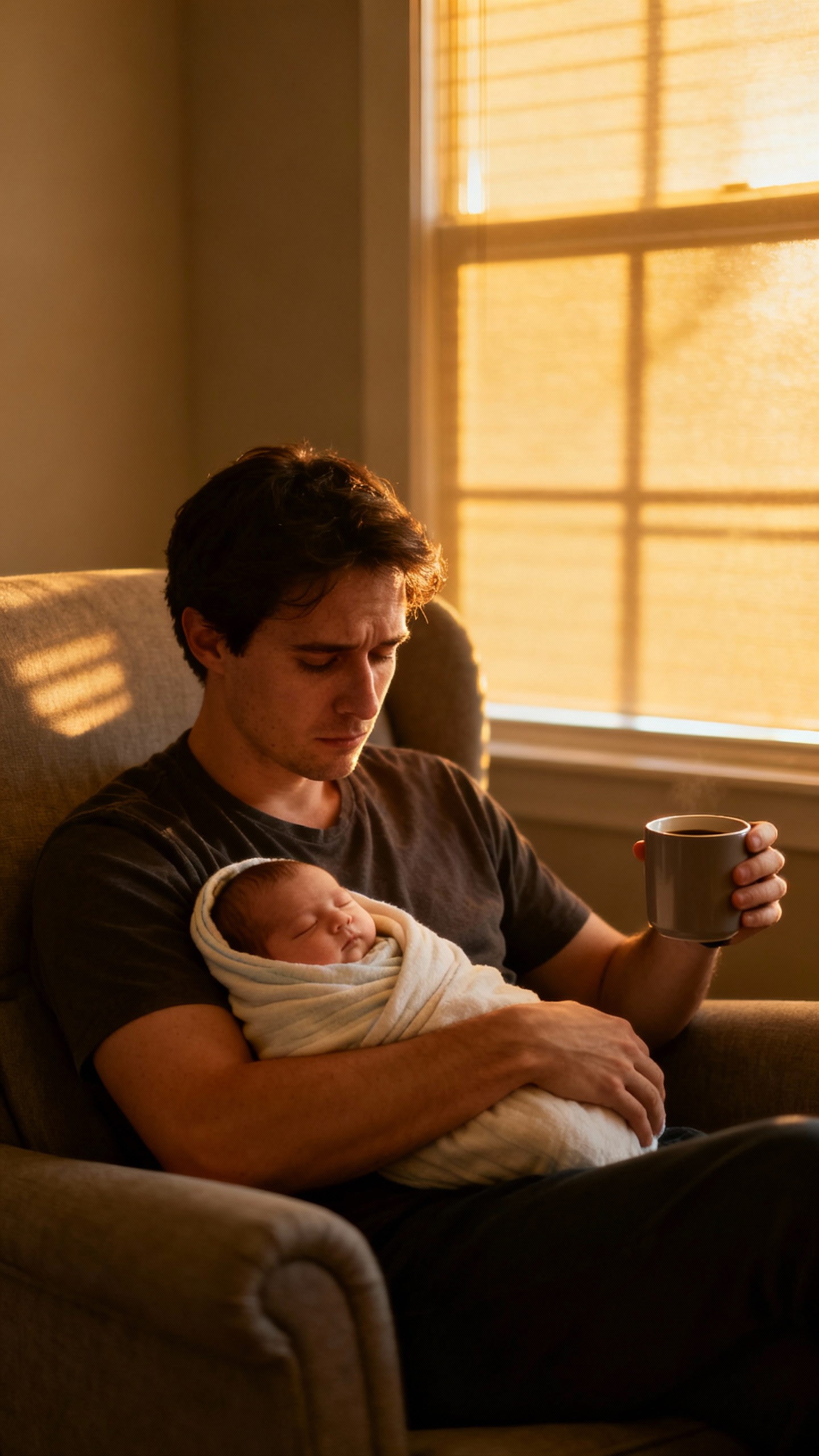 tired parent with coffee mug holding swaddled newborn, window light