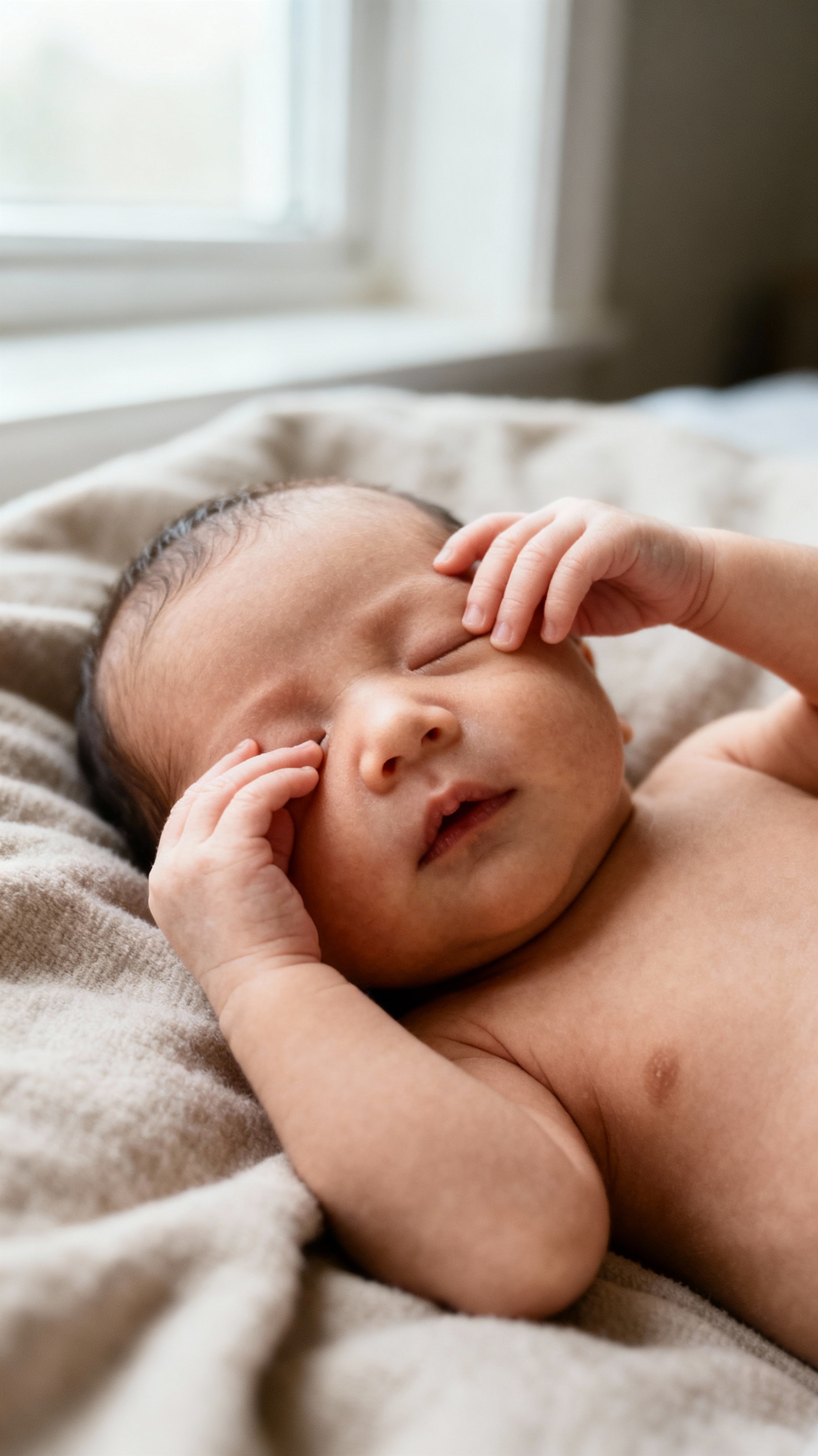 Newborn rubbing eyes, soft window light, neutral blanket