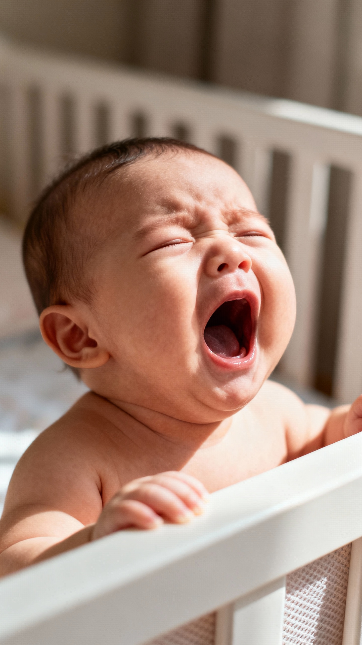 Baby yawning mid-cry, close-up, natural daylight, crib edge