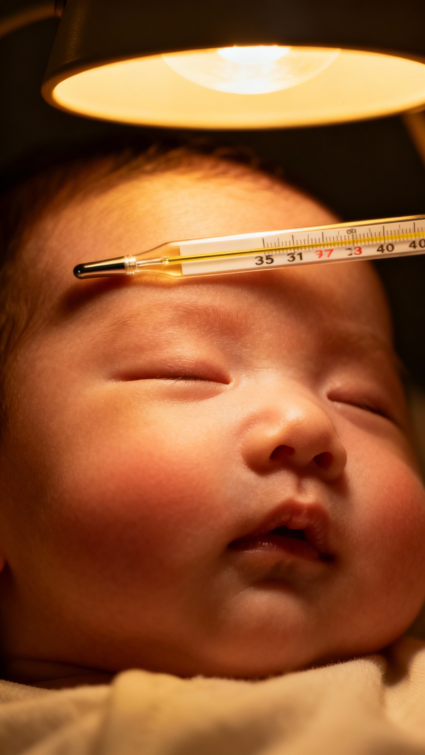 flushed baby cheeks under soft lamp, forehead thermometer strip