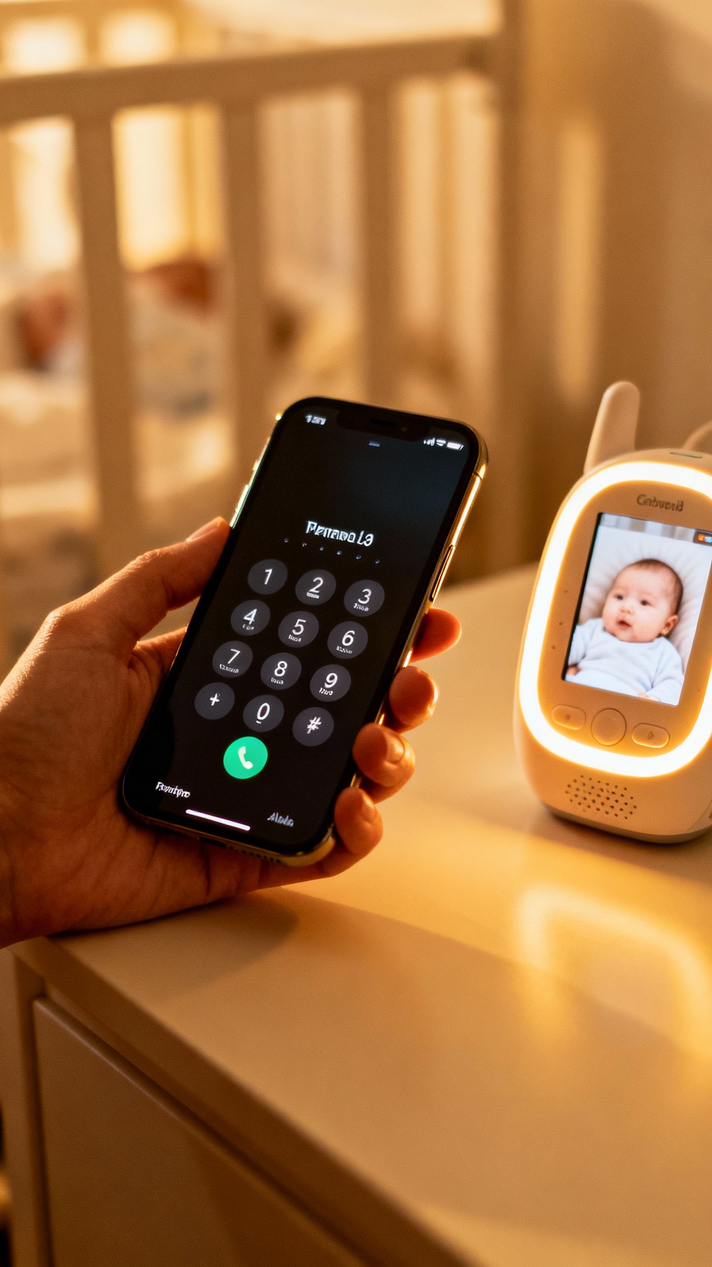 parent dialing pediatrician on smartphone beside baby monitor