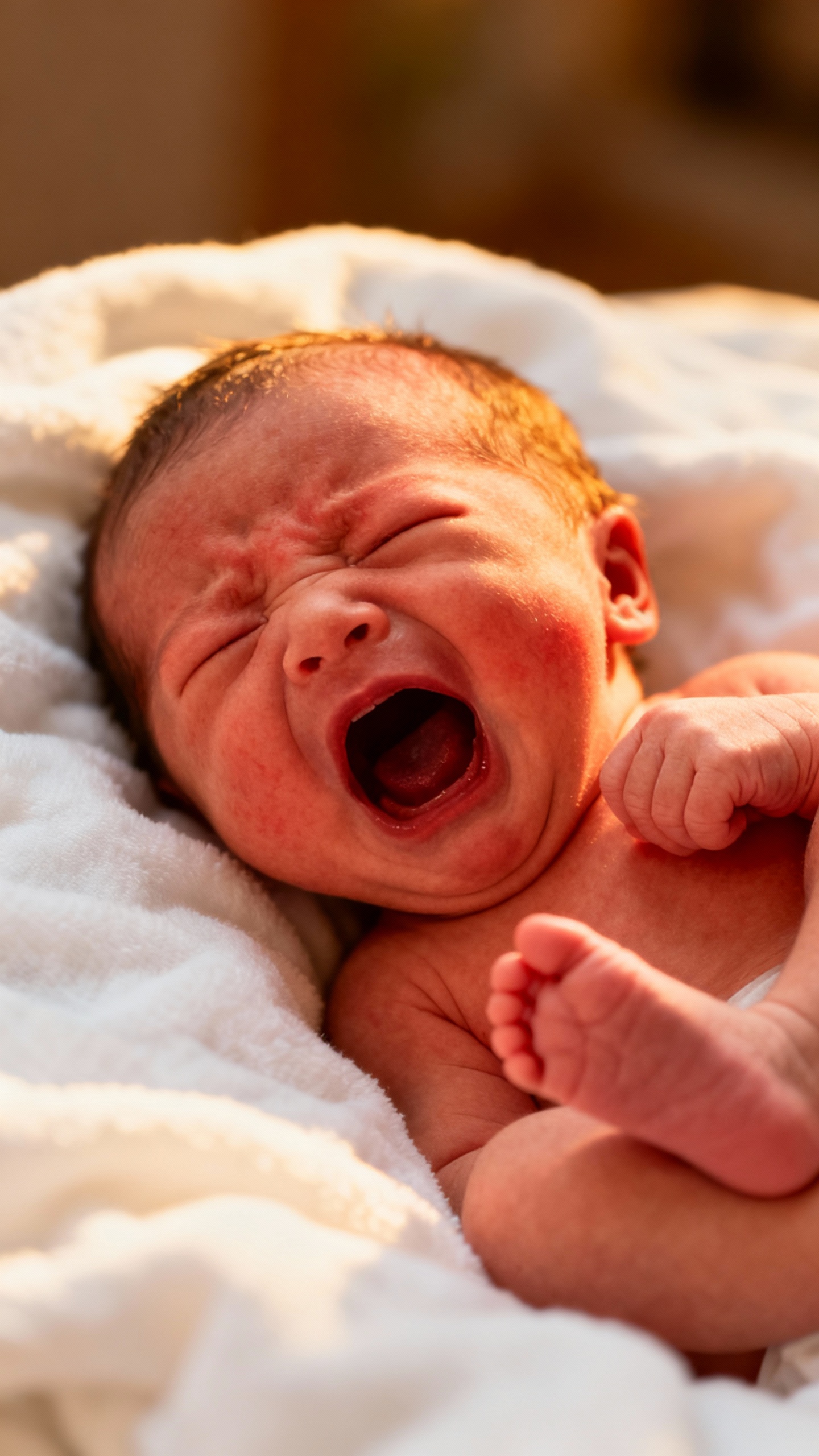 newborn with scrunched legs and red face crying
