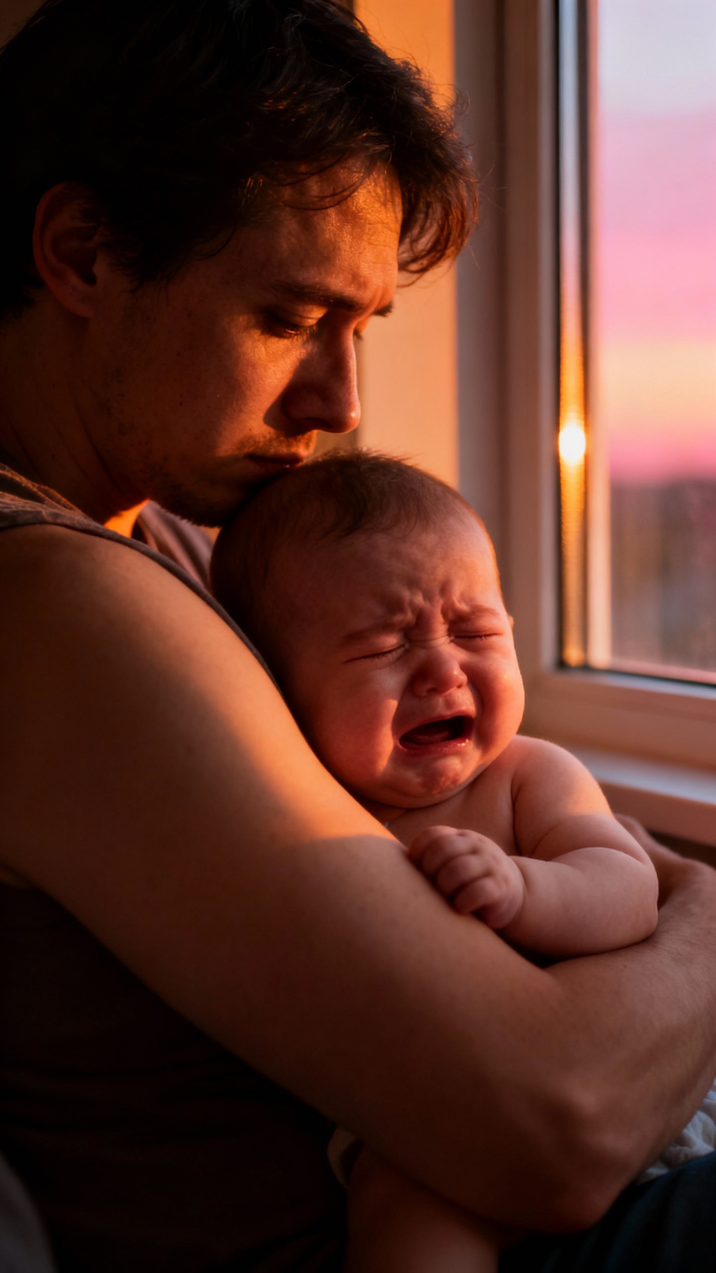 tired parent holding colicky baby at dusk window light