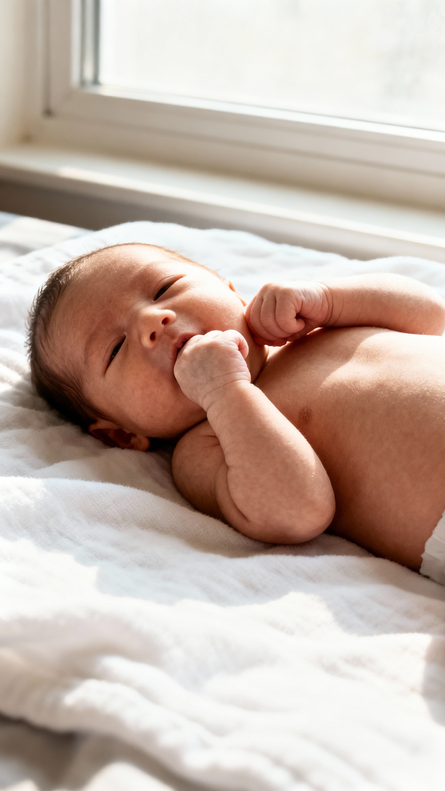 newborn rooting, fists to mouth, soft window light