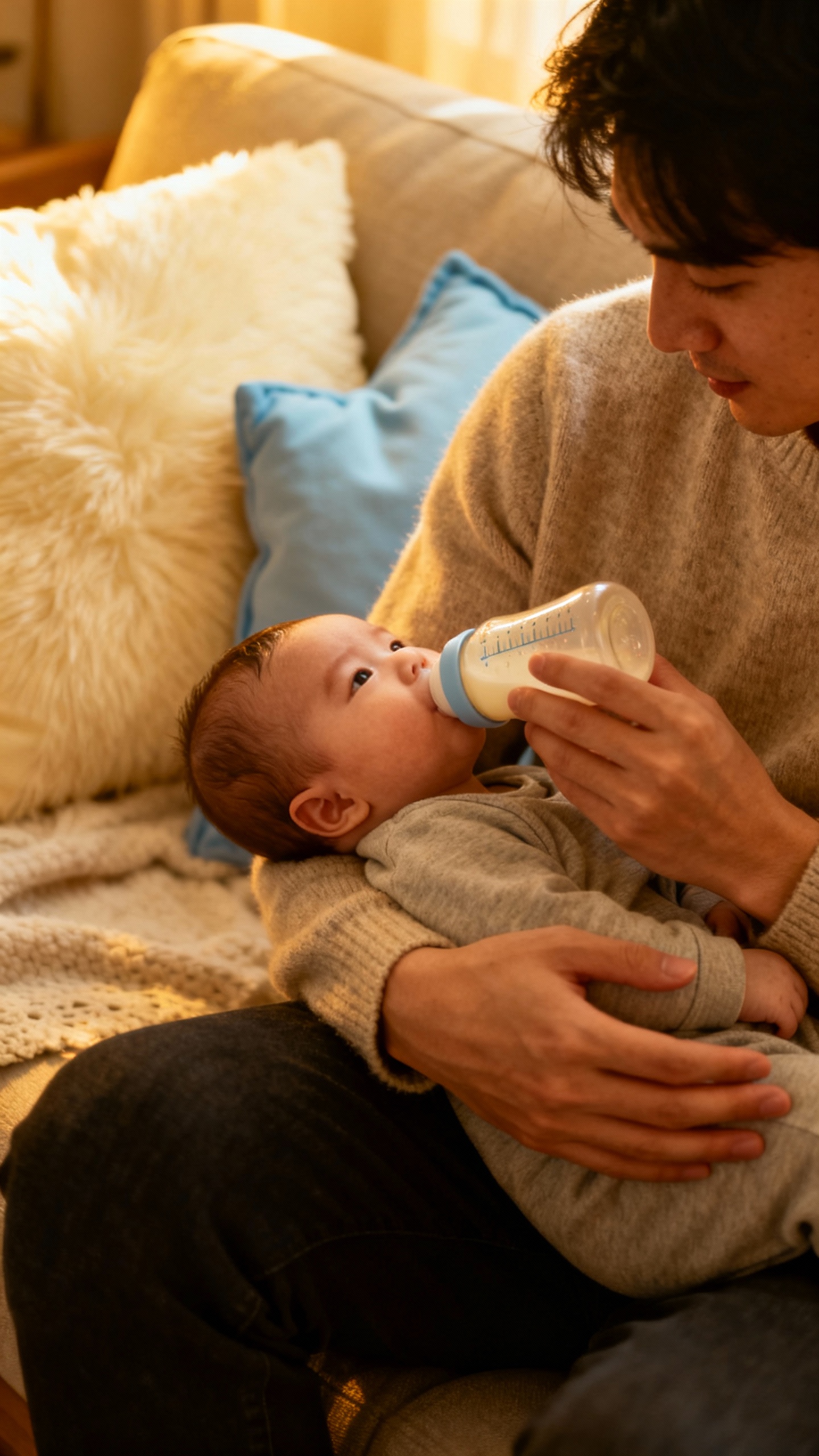 parent burping infant mid-feed, bottle paused, cozy couch