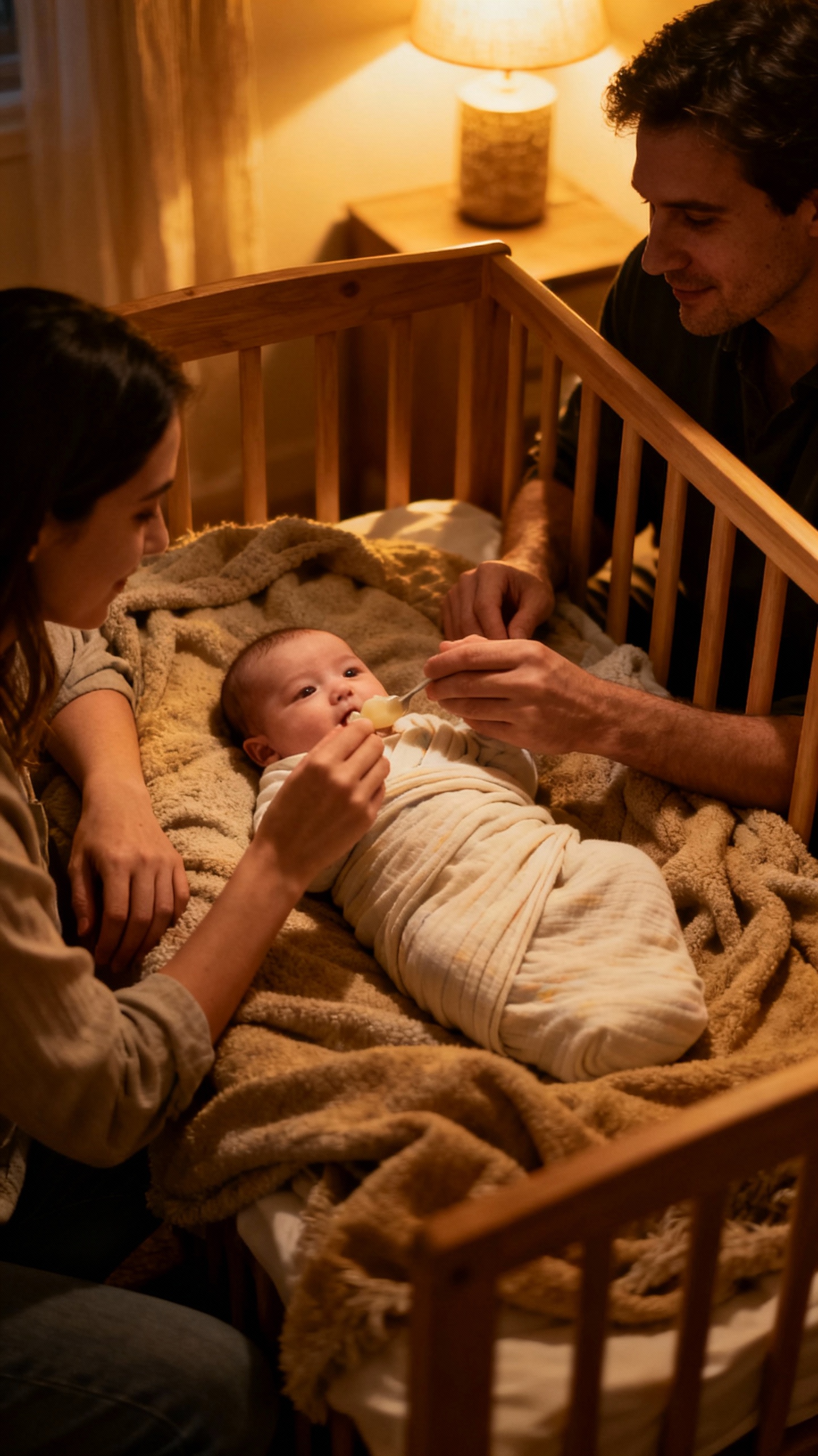 evening cluster feeding, swaddled baby, warm lamplight
