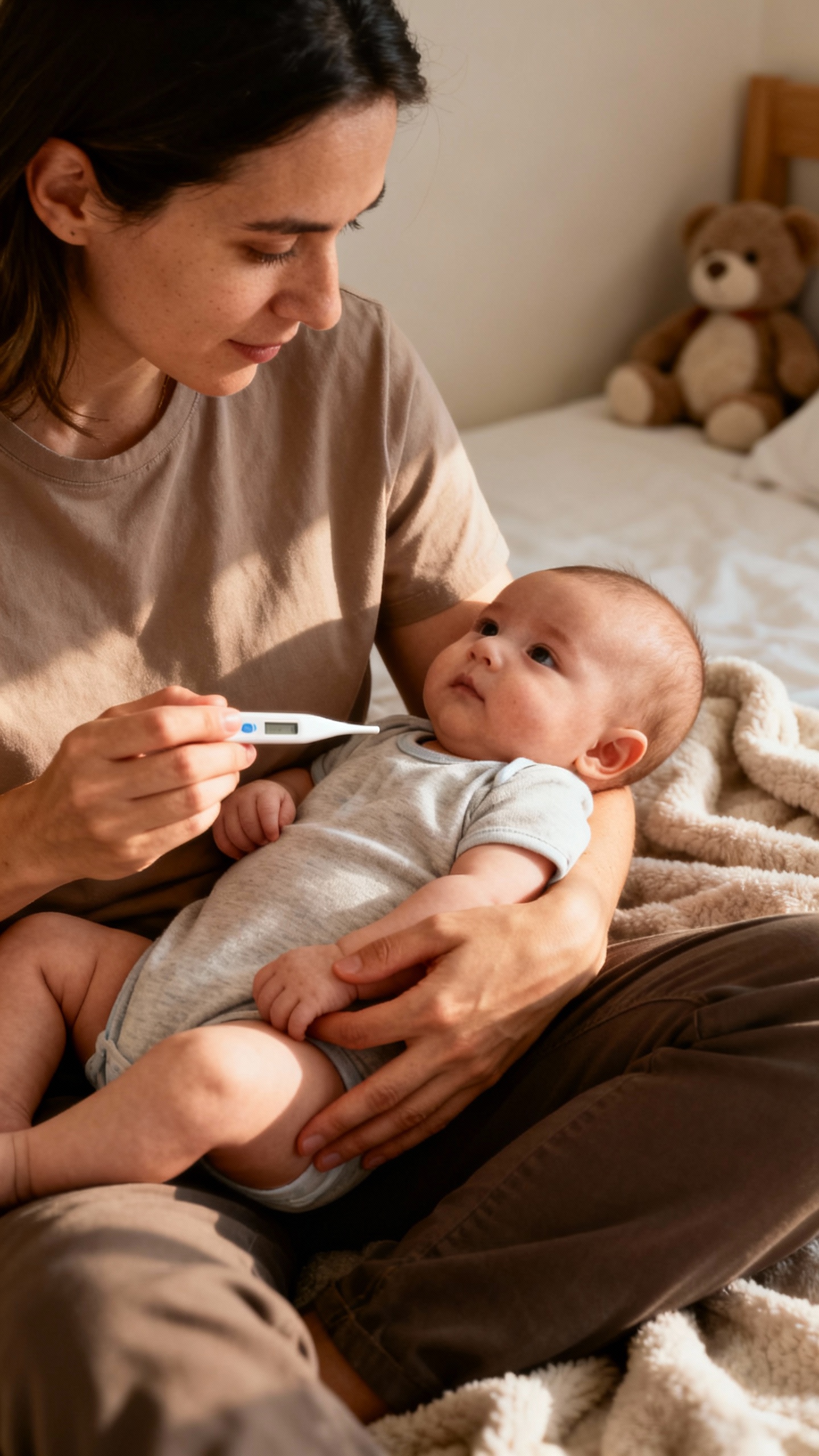 Parent checking baby’s temperature with rectal thermometer, soft lighting