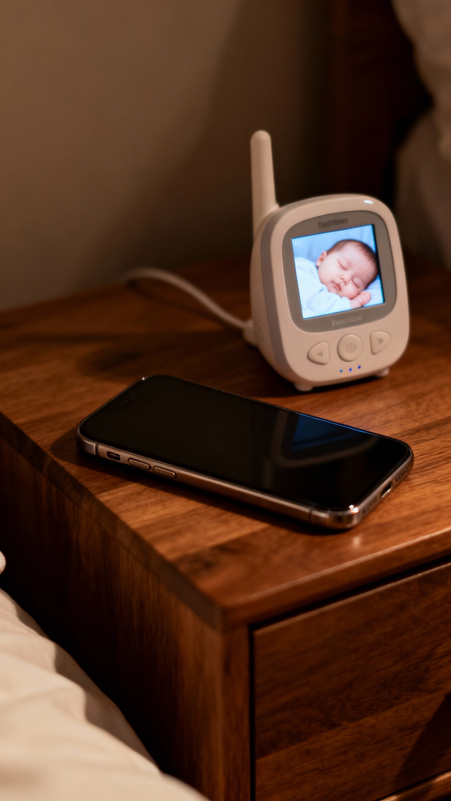 Calm pediatrician phone on nightstand beside baby monitor