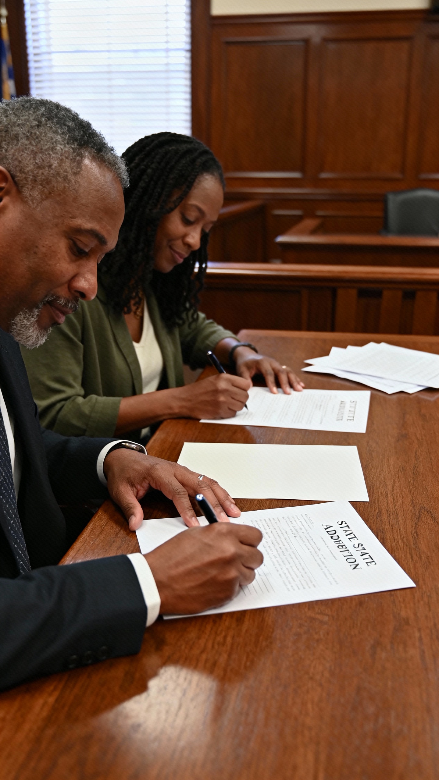 foster parents signing state-covered adoption papers at courthouse desk