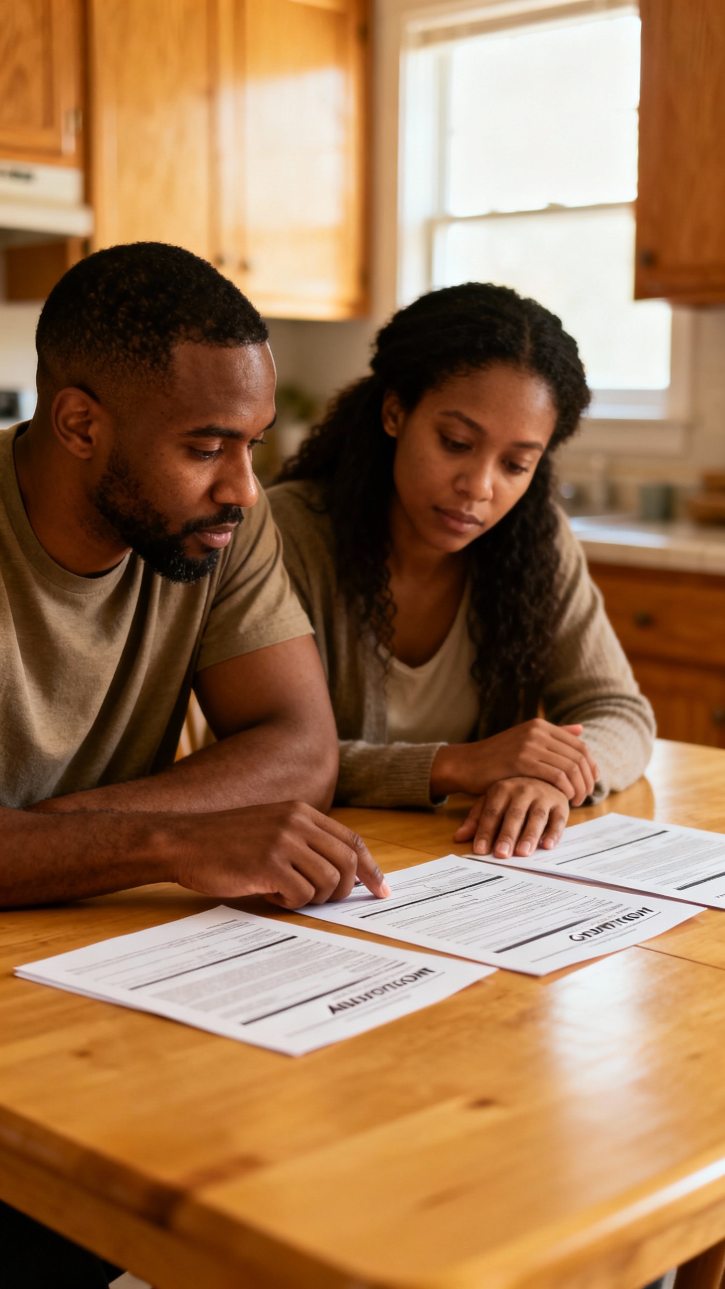diverse couple reviewing adoption grant forms at kitchen table