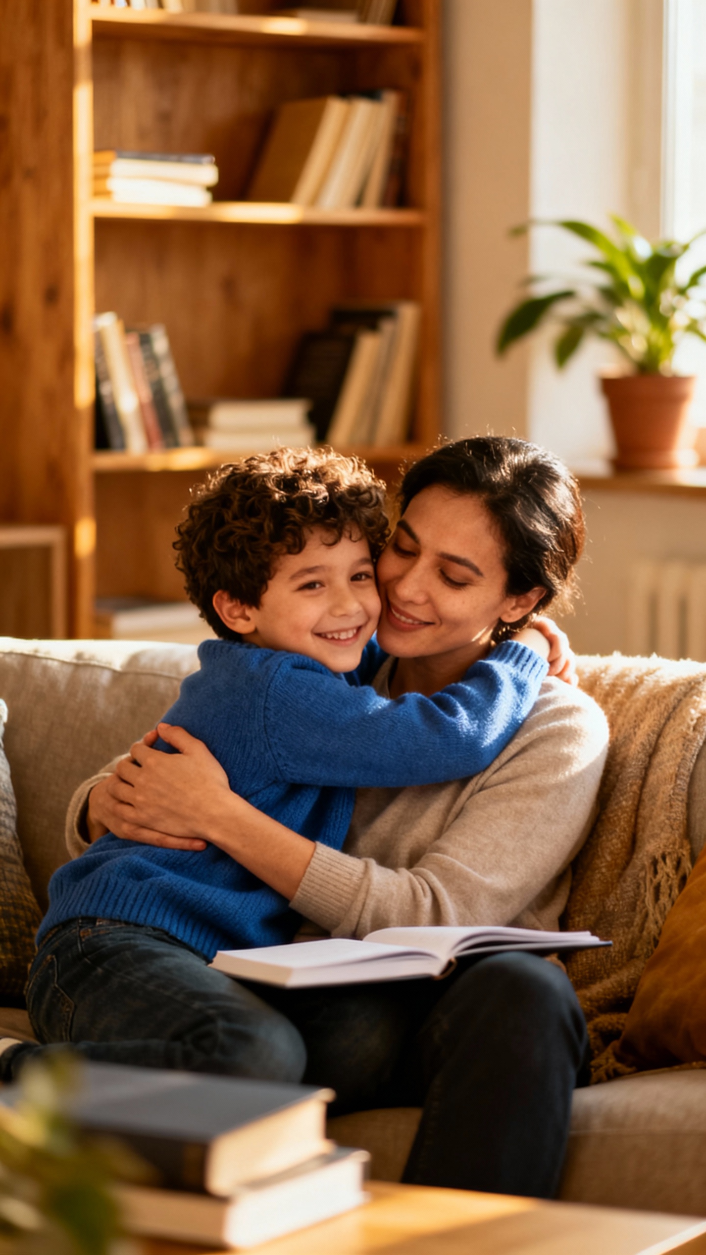 smiling child hugging new parent during home study visit