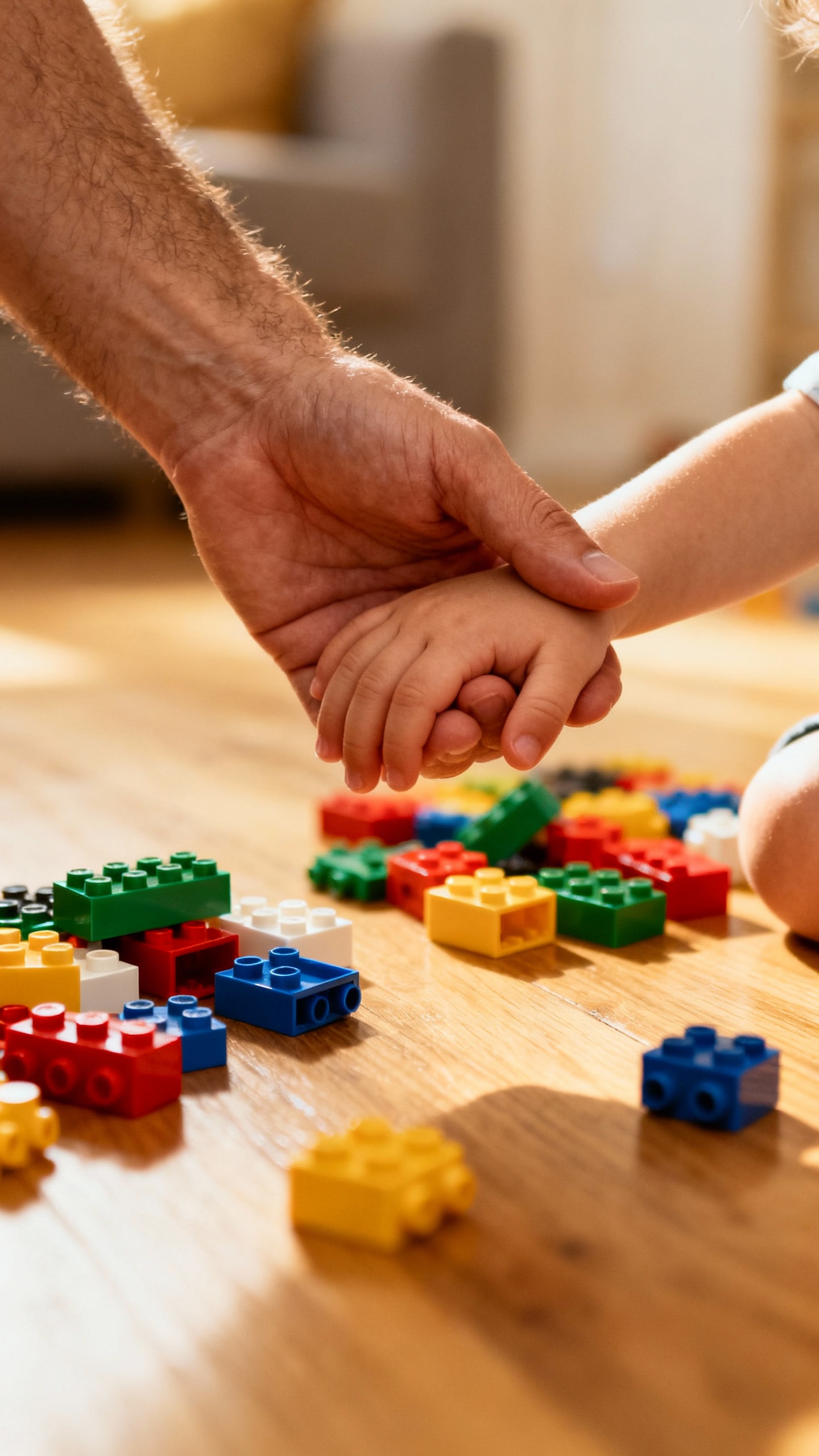 Parent hand holding child’s hand, scattered Legos on floor