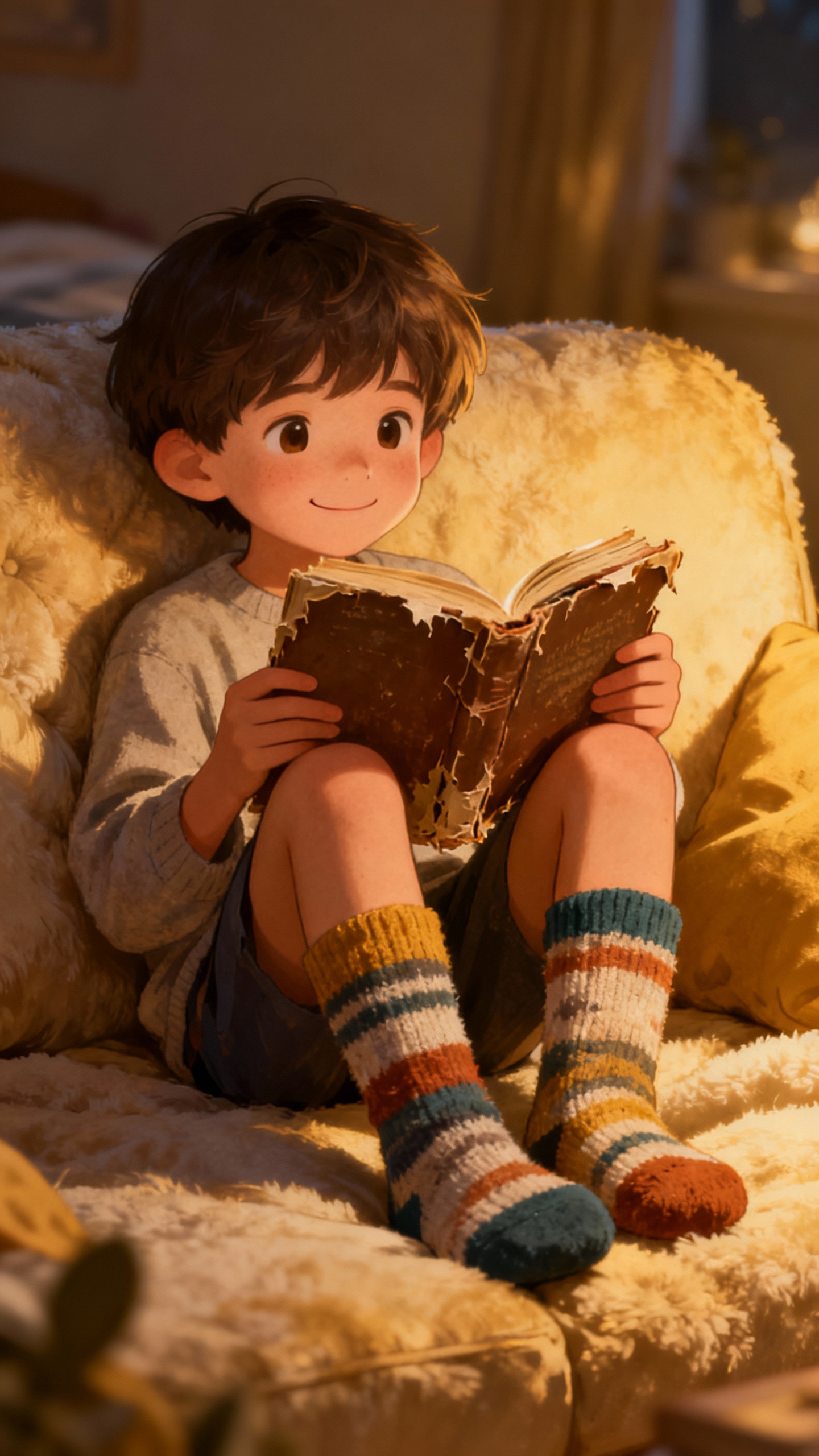 Bedtime story on couch, warm lamp light, mismatched socks