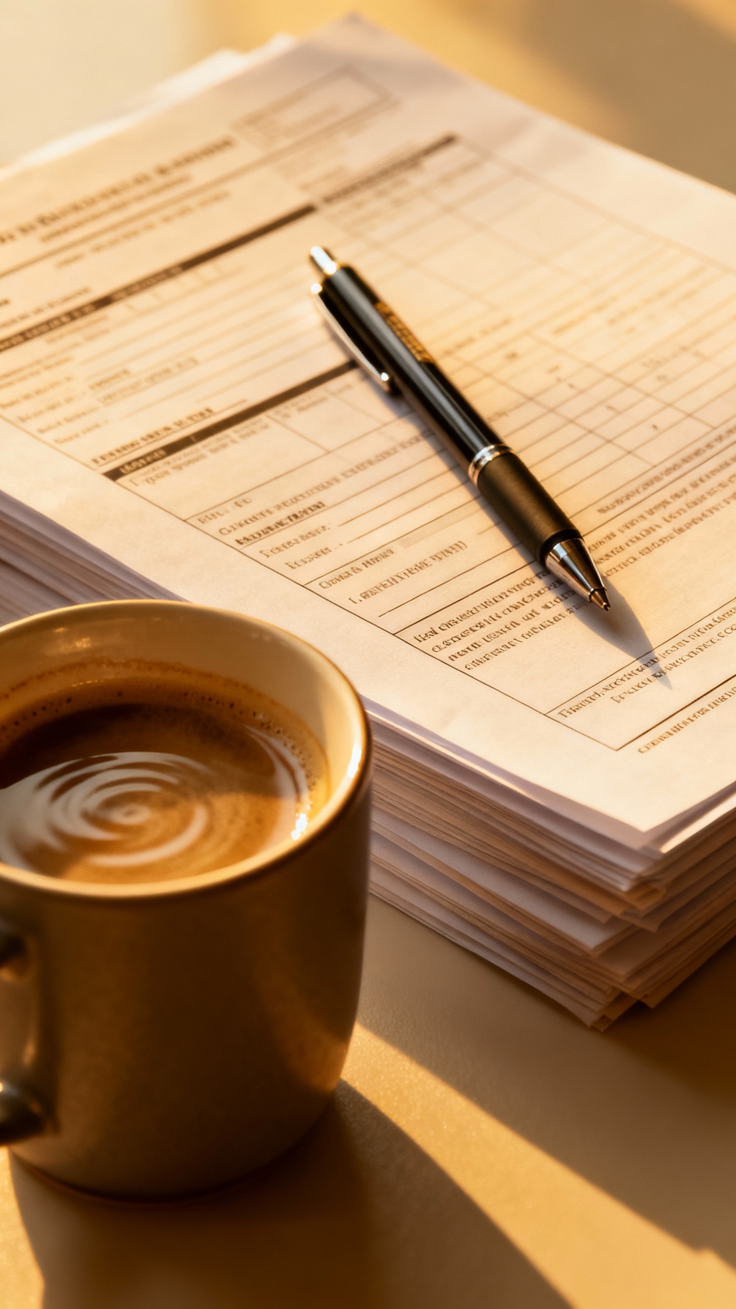 stack of completed adoption paperwork with pen and coffee