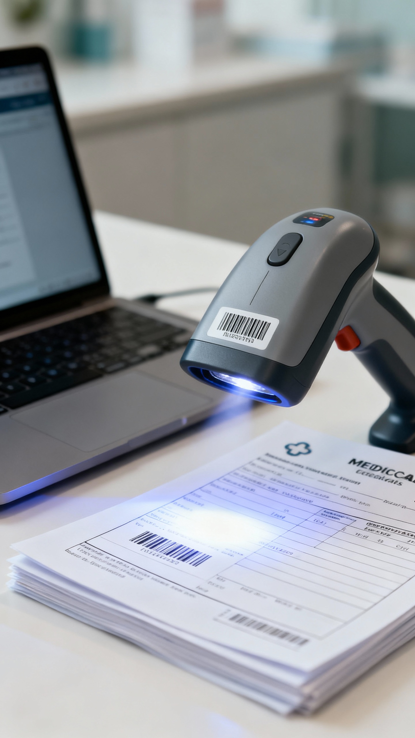 barcode scanner scanning medical forms into laptop