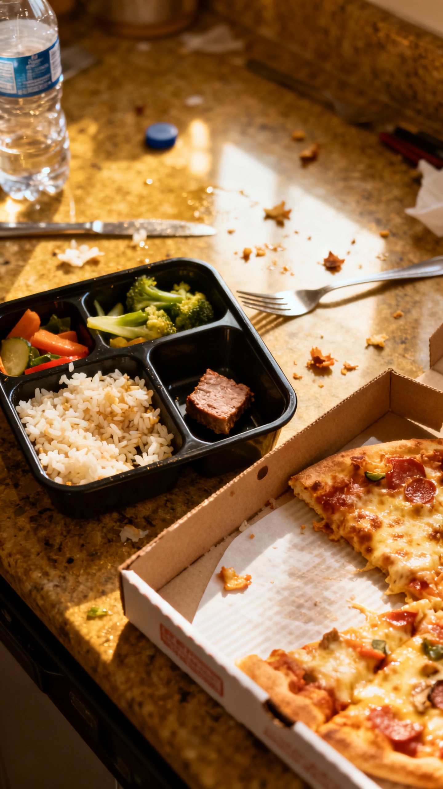 messy kitchen counter with bento and pizza box, overhead