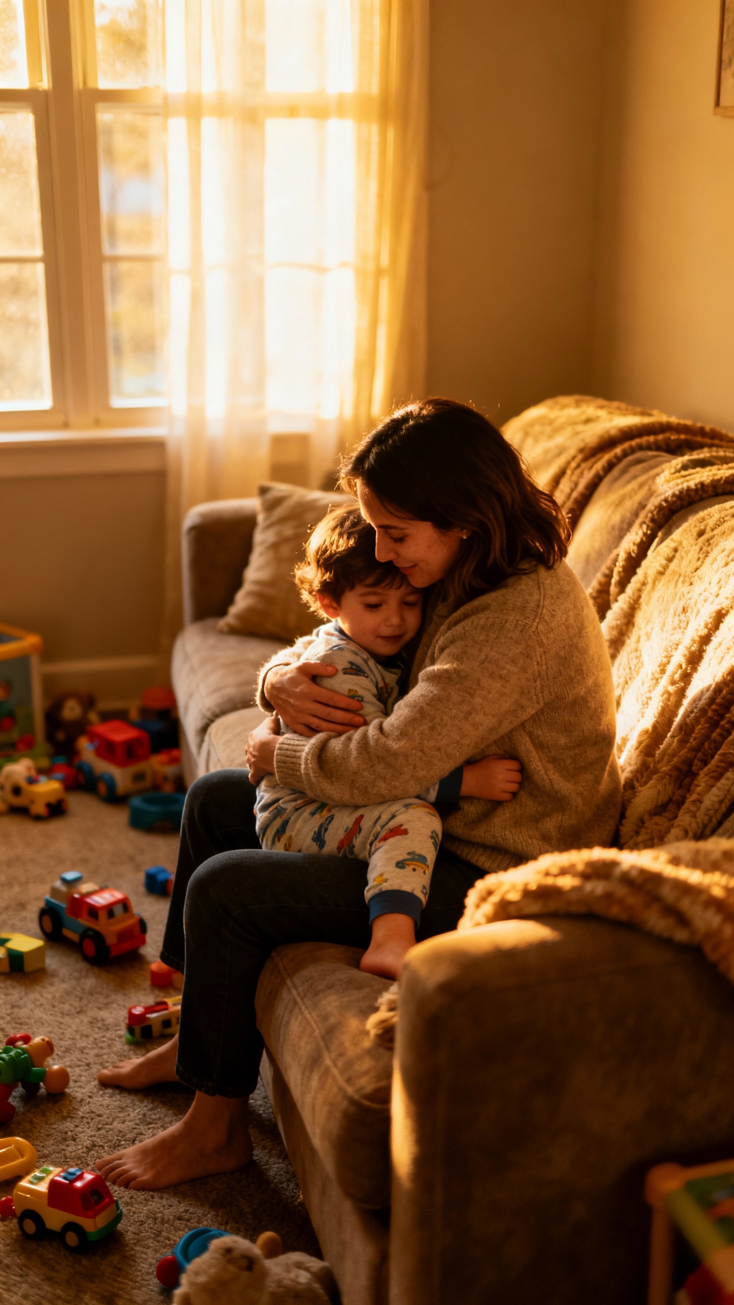 mom hugging child on couch, toys scattered, warm window light