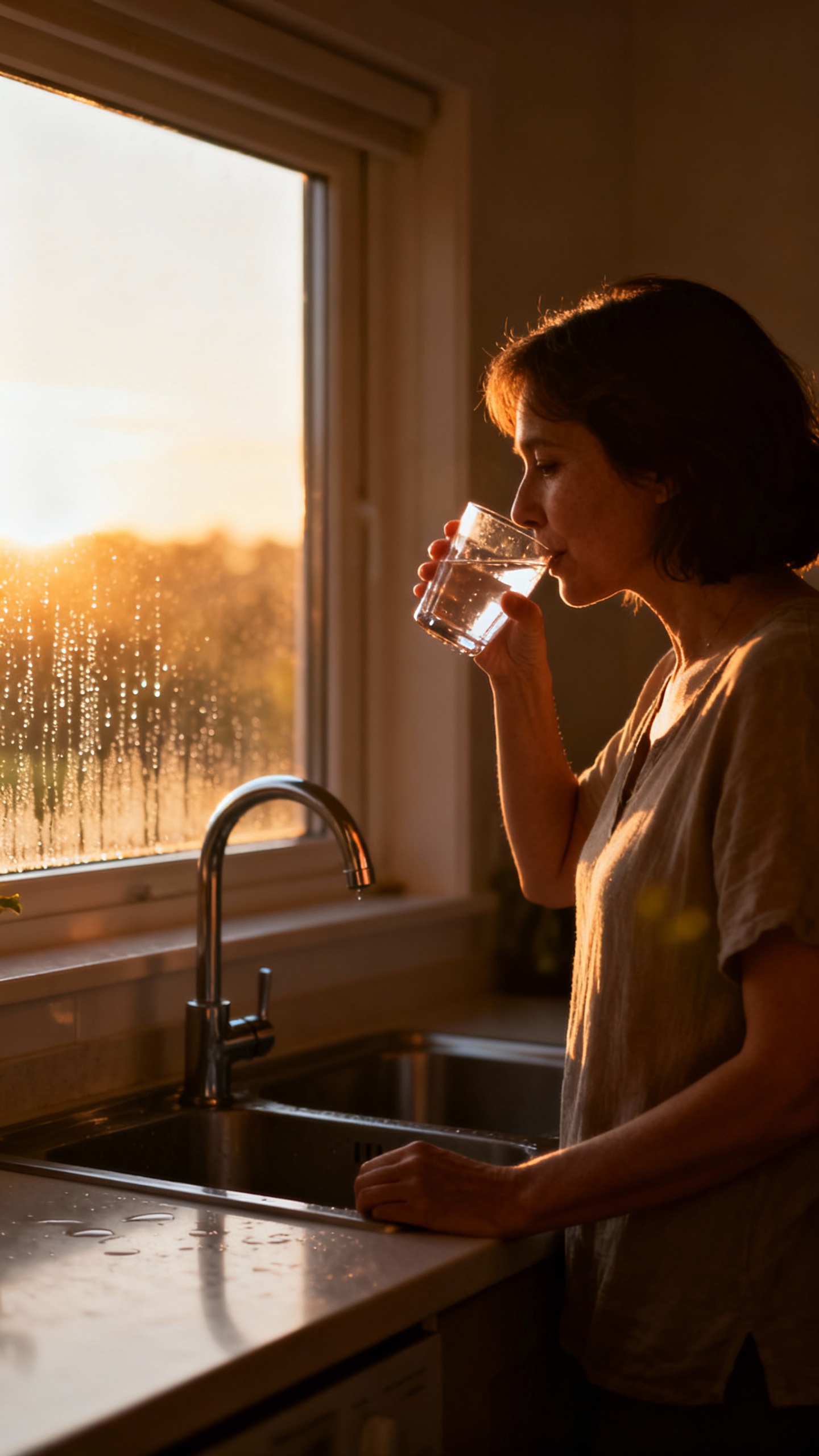mom sipping water at sunrise by kitchen sink