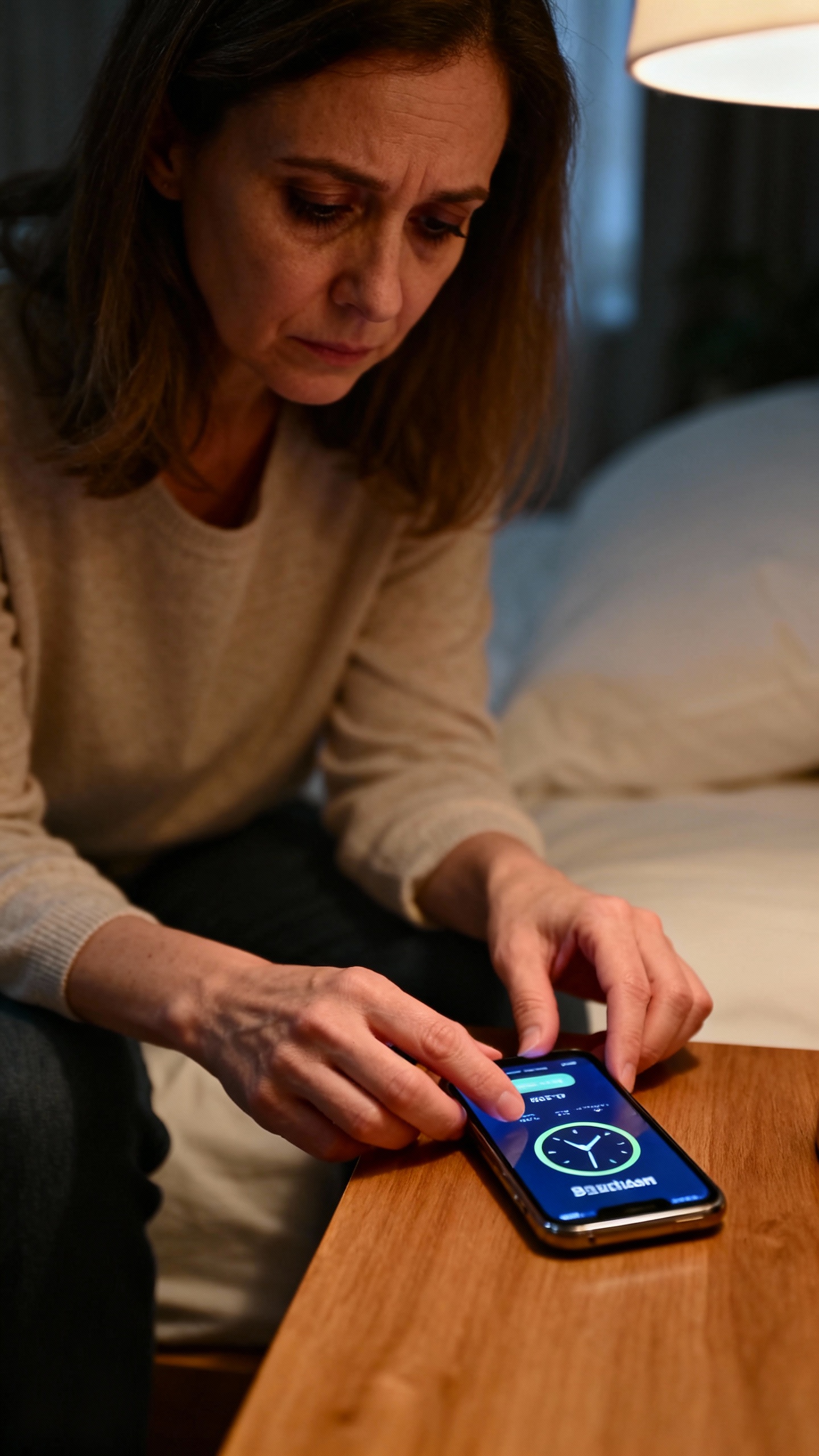 tired mom setting phone bedtime alarm on nightstand