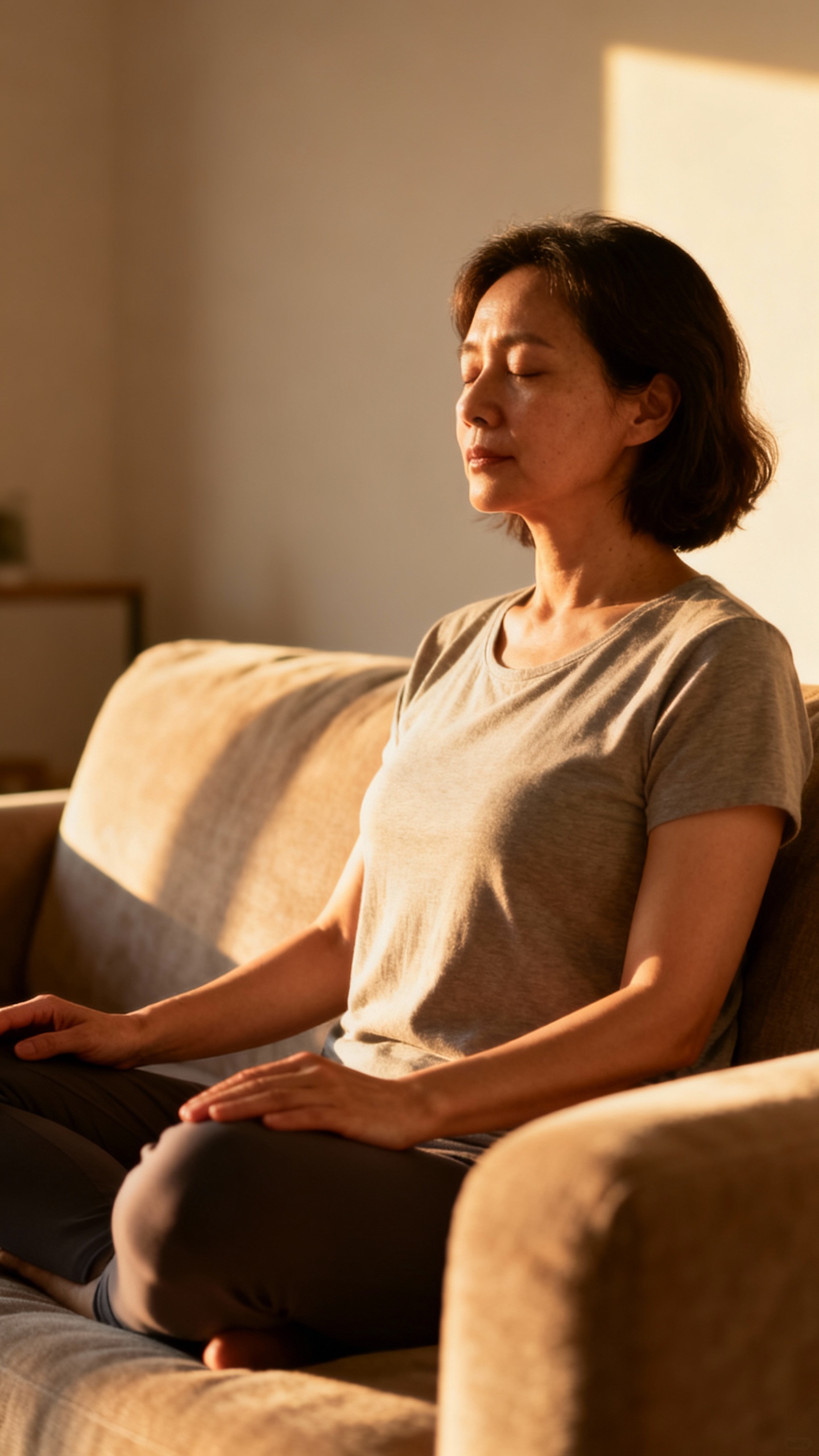 mom doing 4-6 breathing on couch, soft morning light