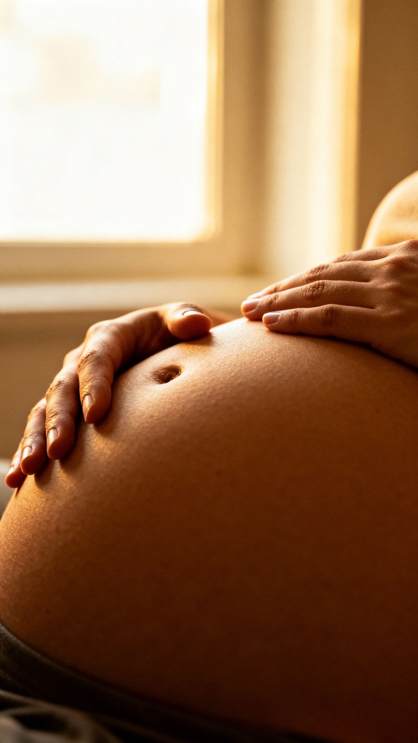 close-up hands on belly, slow exhale, natural window light