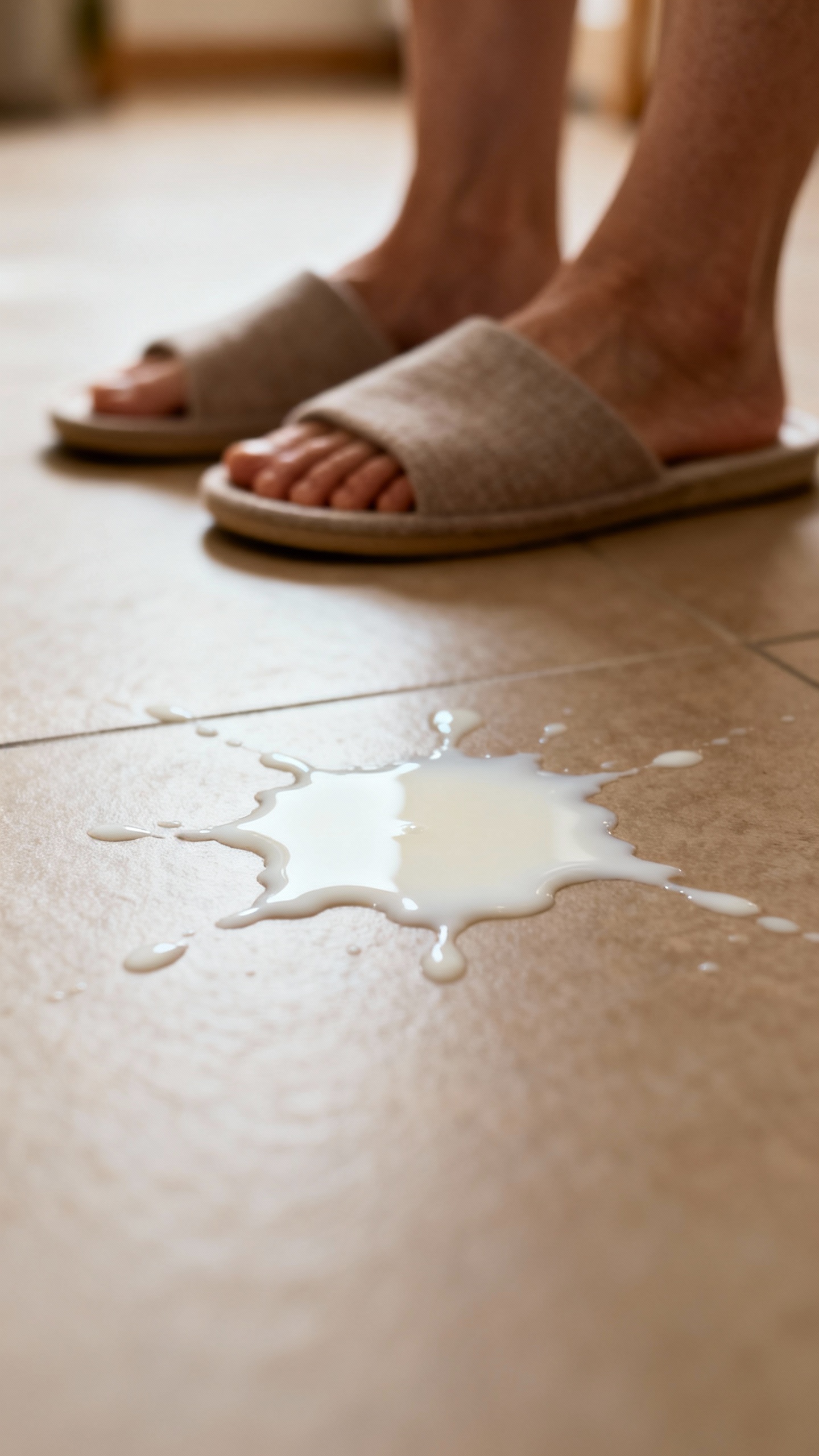 spilled milk on floor, relaxed mom feet nearby, calm scene