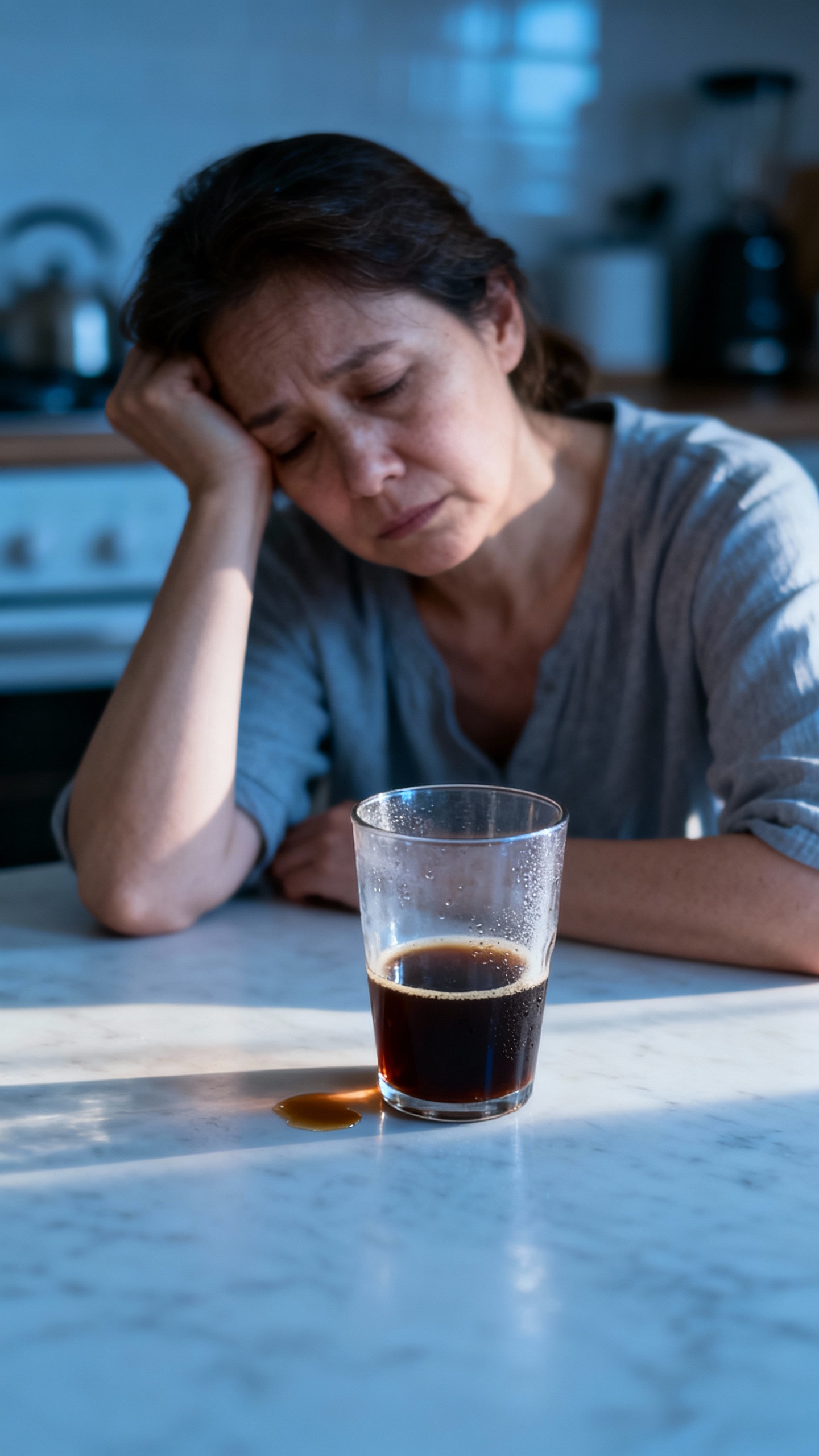 Tired mom at kitchen table, cold coffee, dawn light